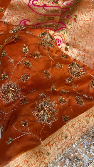 Trousseau edit — Narangi orange tissue silk hand embroidered saree