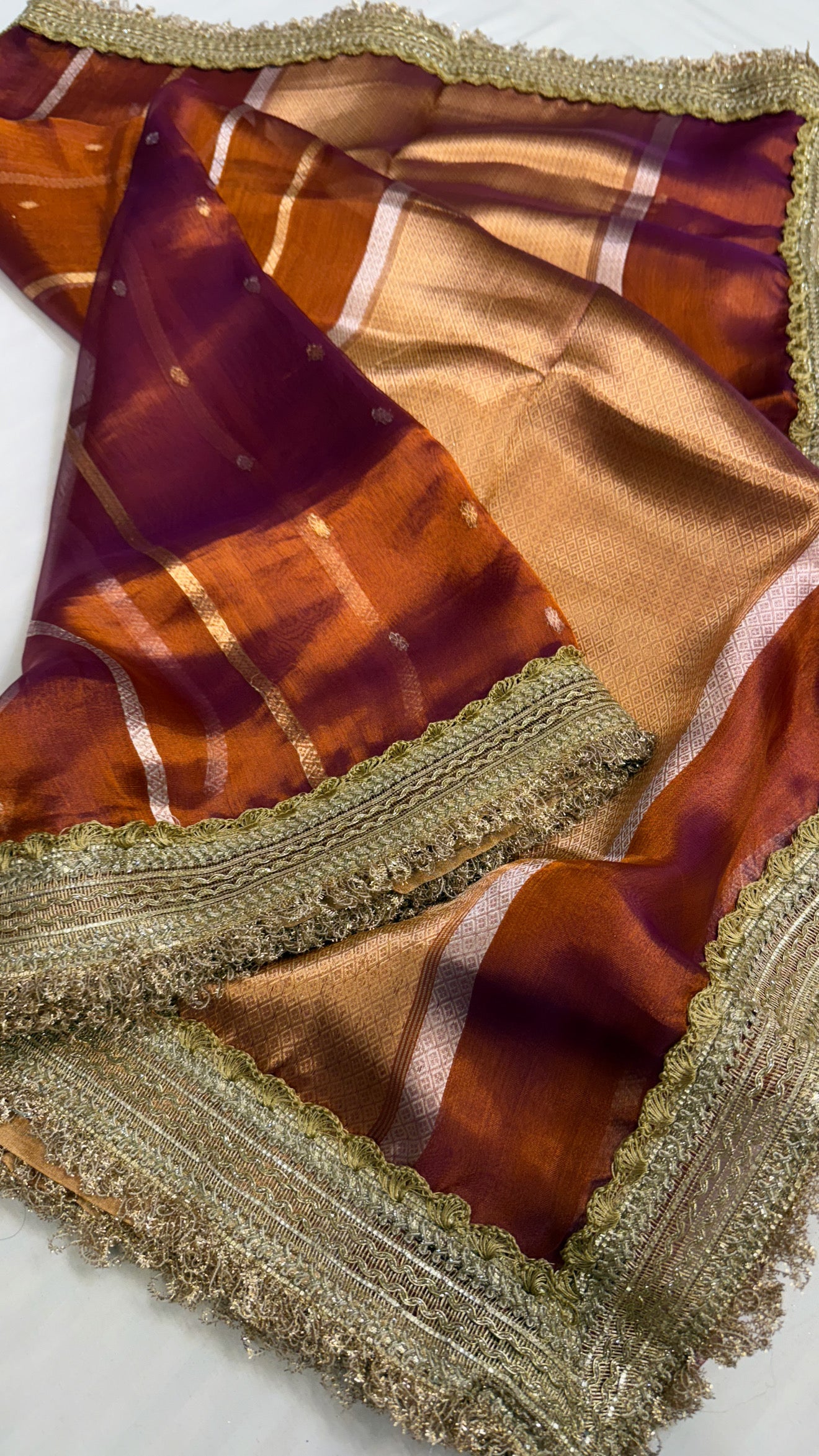 Maharani copperish deep purple tissue silk kadhwa saree