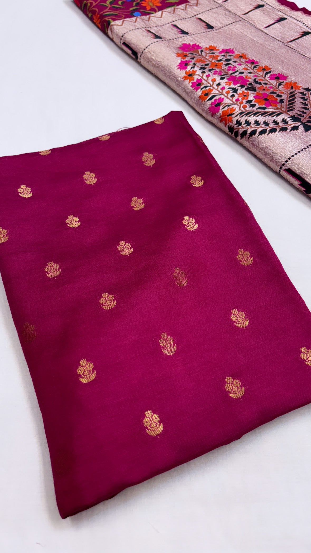 Pure Banarasi bergundy moonga silk kadhwa buti kurta paired with kadhwa meenedar paithani jaal intricately woven duppata and bottom set