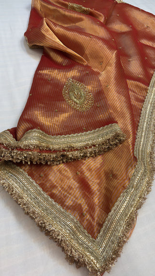 Cocktail wali saree — Metallic red tissue silk striped hand embroidered saree