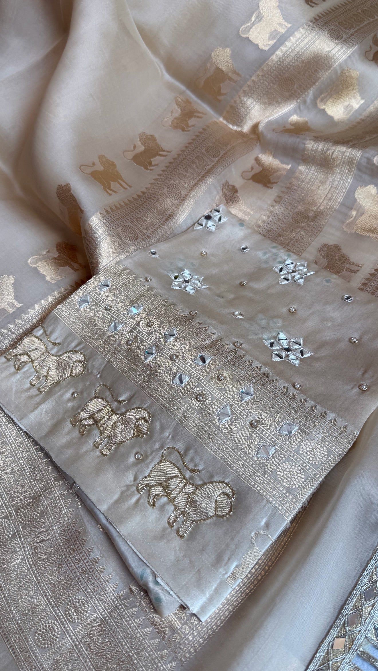 Champagne gold kora silk hand embroidered kadhwa saree