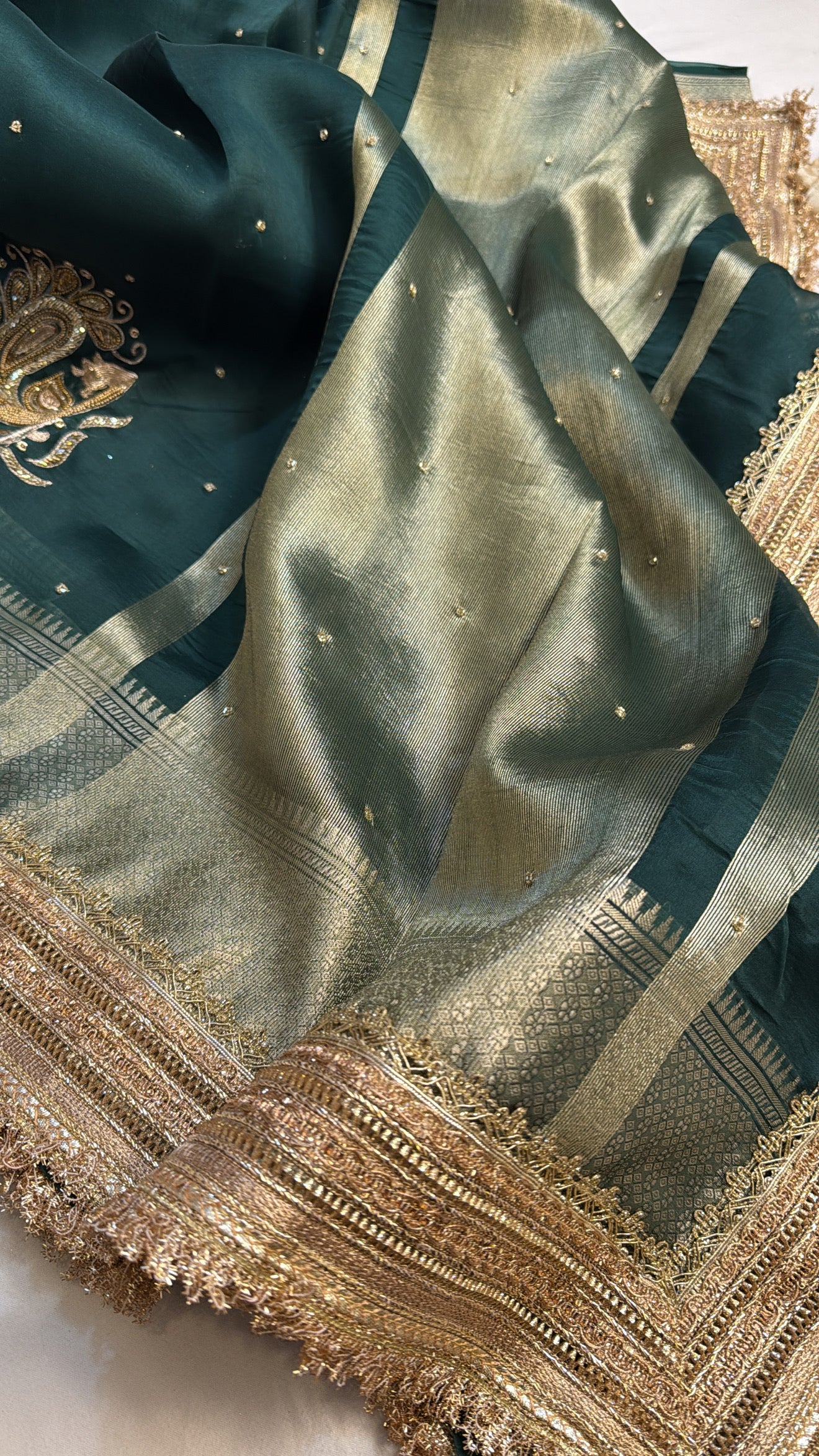 Forest green kora silk kadhwa hand embroidered gotapatti saree