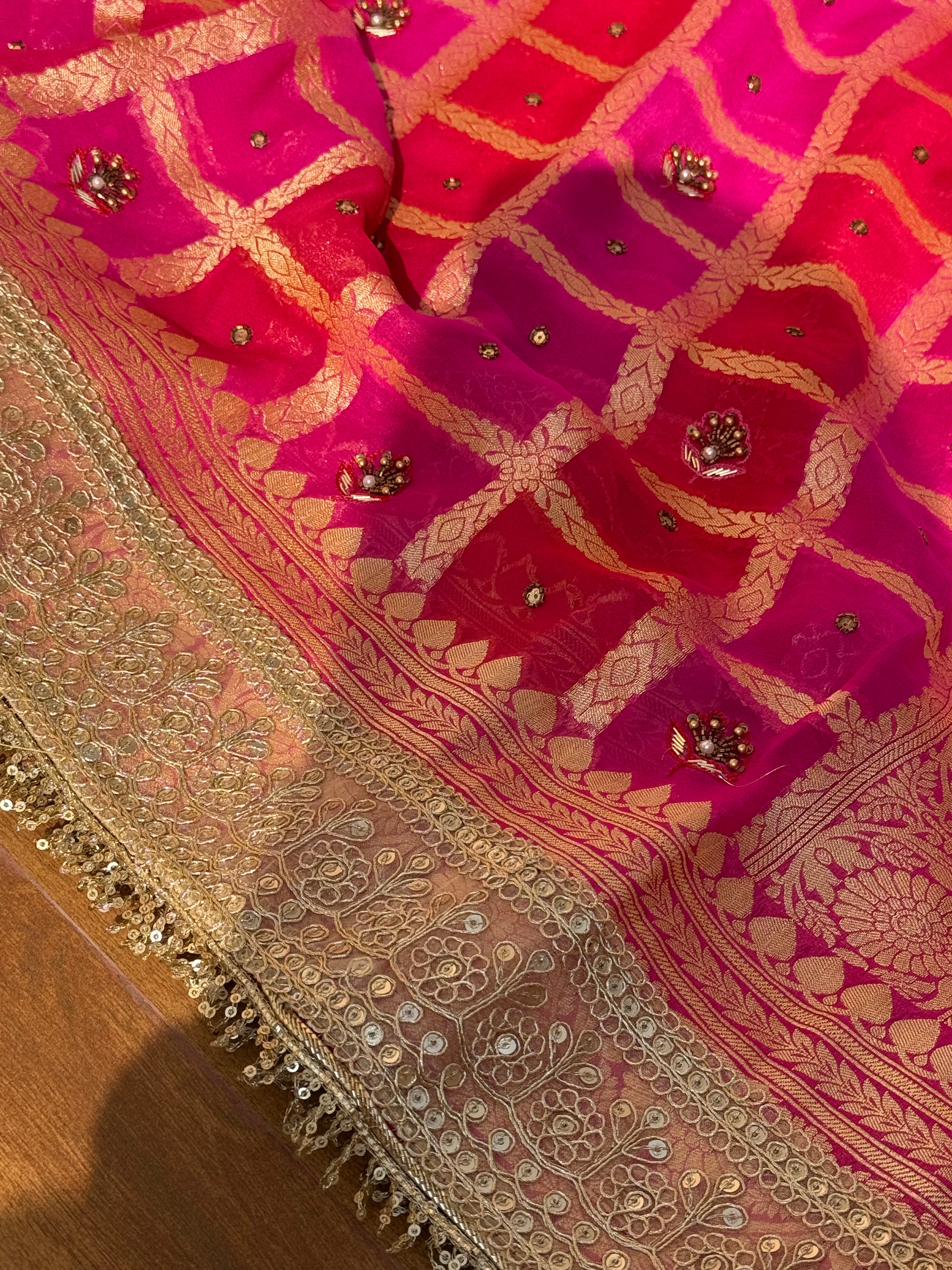 Grah pravesh wali saree - Red rani rangkaat hand embroidered chiffon gorgette kadhwa saree