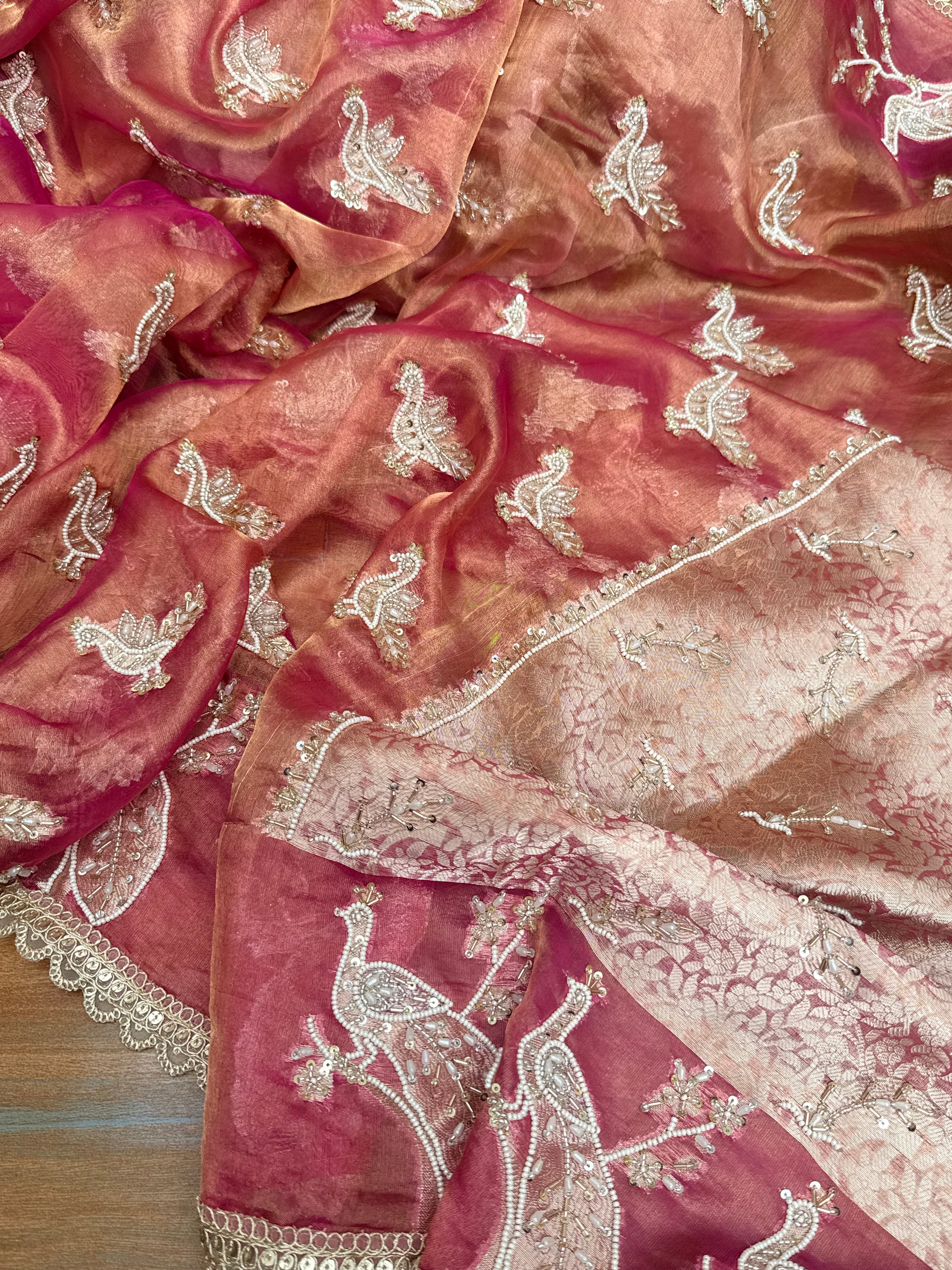 Tyohaar edit - Pearlwork morni hand embroidered tissue silk kadhwa saree