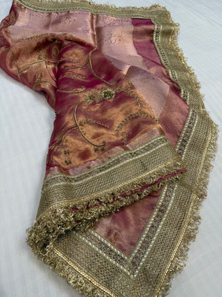 Cocktail wali saree - Rani pink tissue silk heavy hand embroidered saree