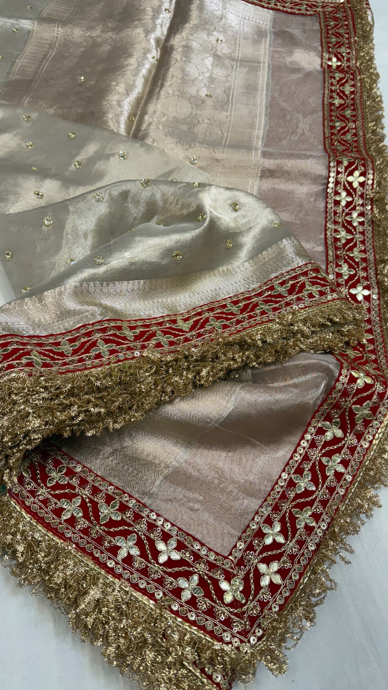 Diamond tissue silk chunri buti hand embroidered panetar saree