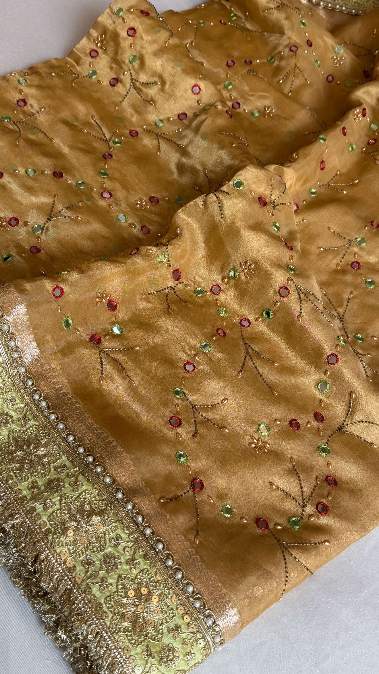 Sheesham edit - Heavy double tissue silk mirror work hand embroidered saree