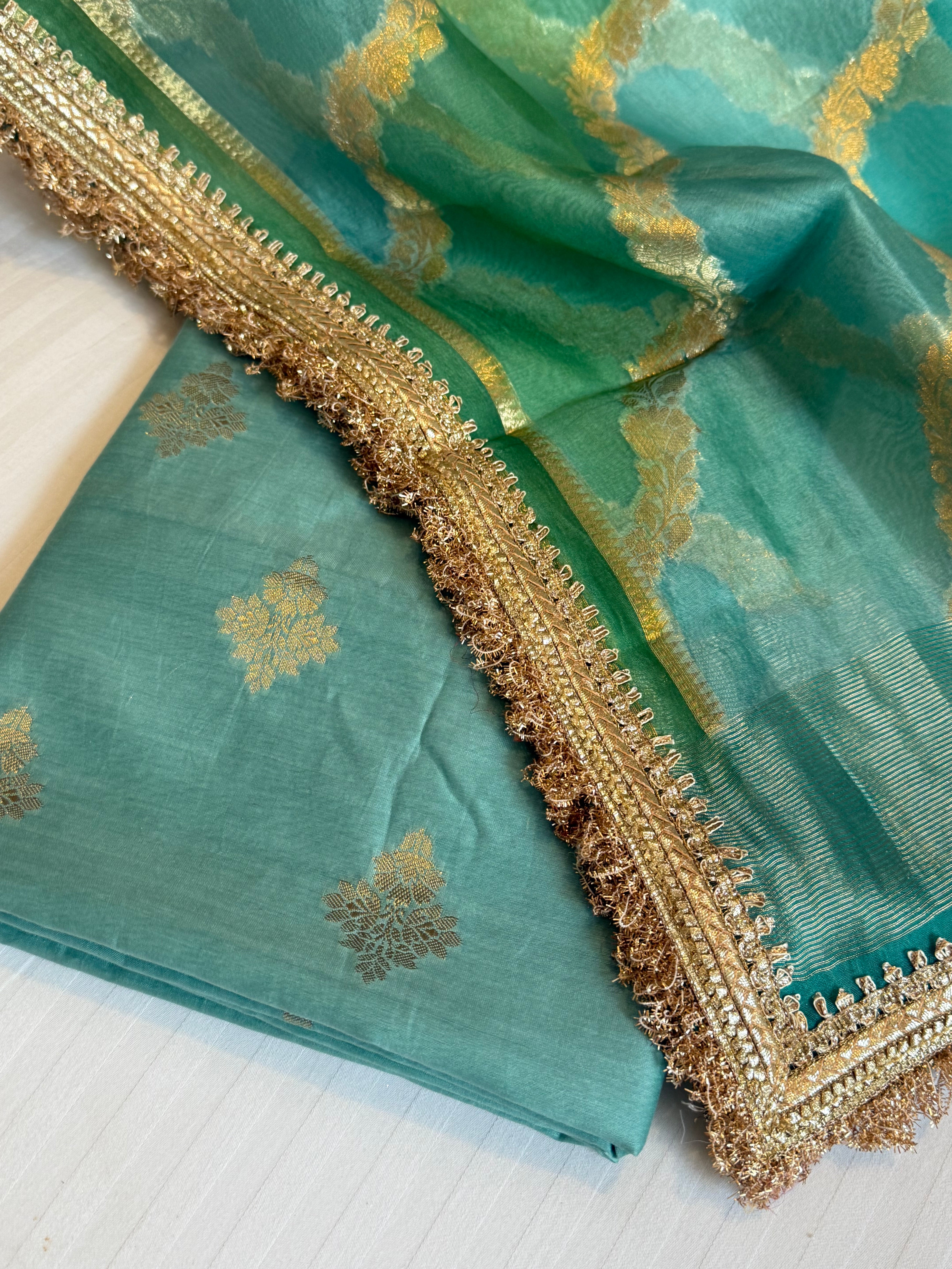 Shades of rama green - Kora silk rangkaat duppata paired with silk kurta set