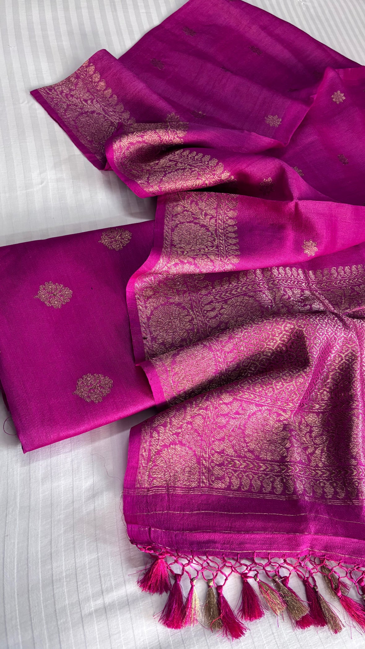 Banarasi tussar gorgette silk kadhwa hot pink suit set