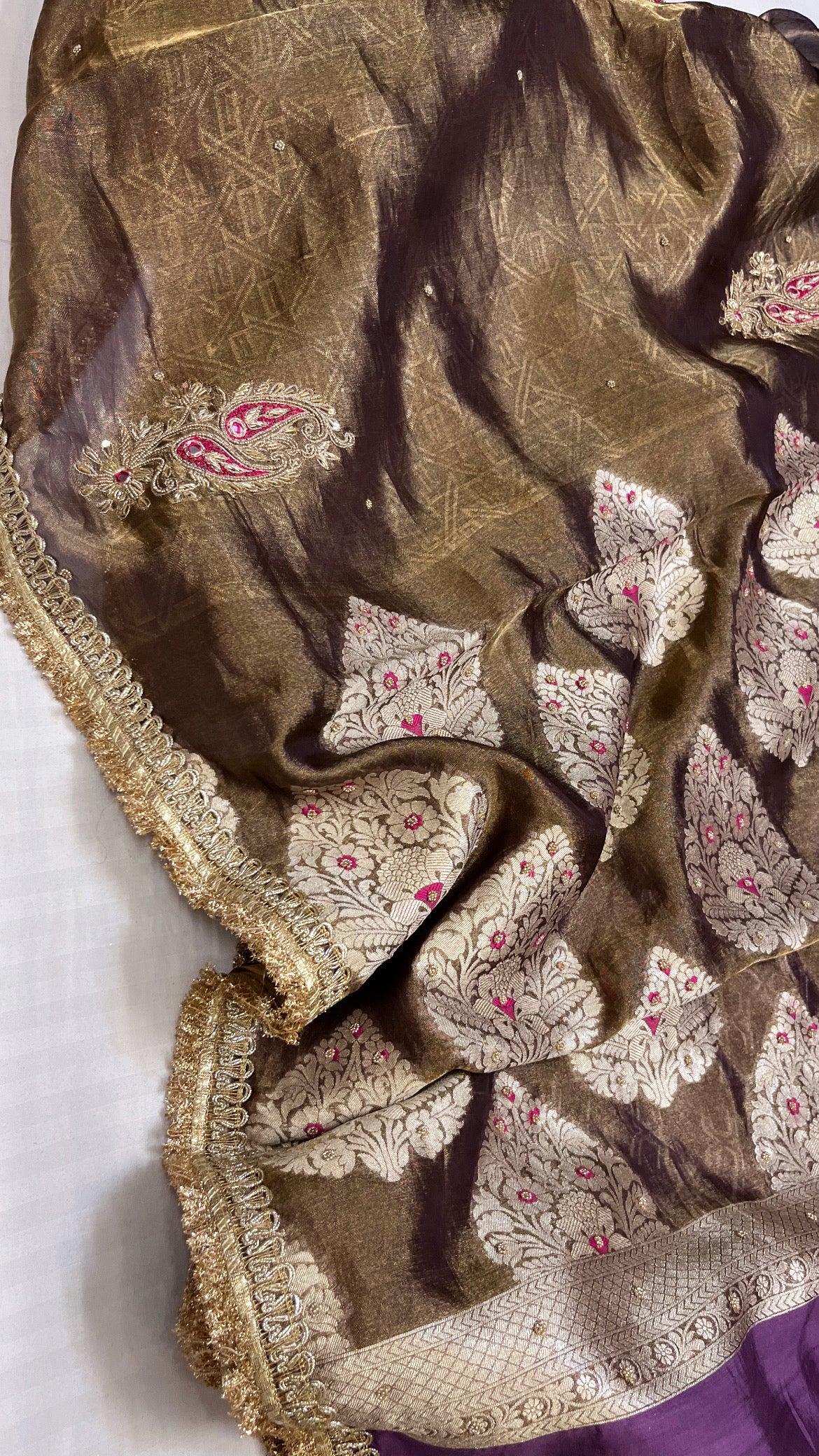 Husn antique purple tissue silk hand embroidered saree