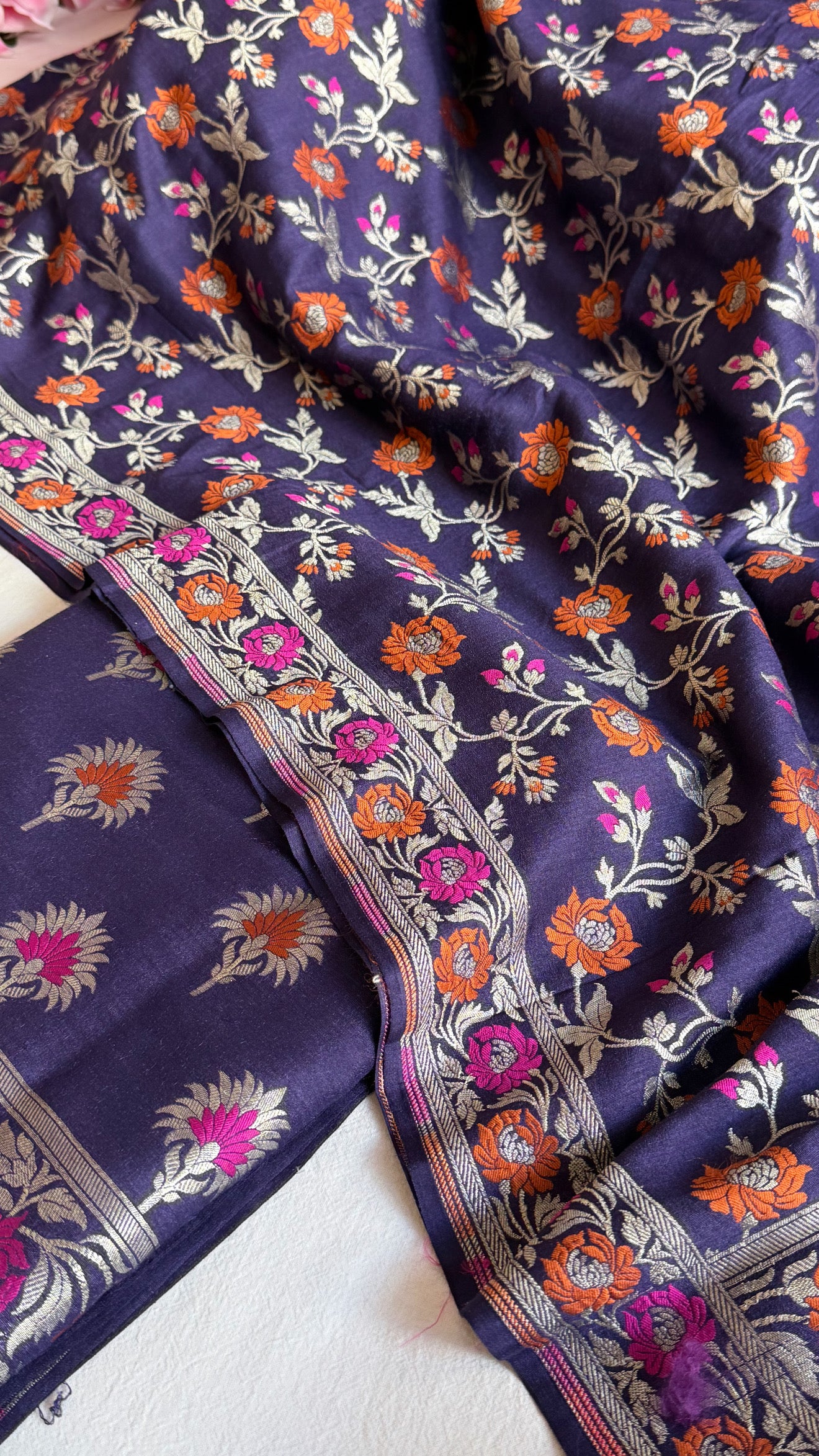 Banarasi moonga silk navy blue meenakari kadhwa suit set