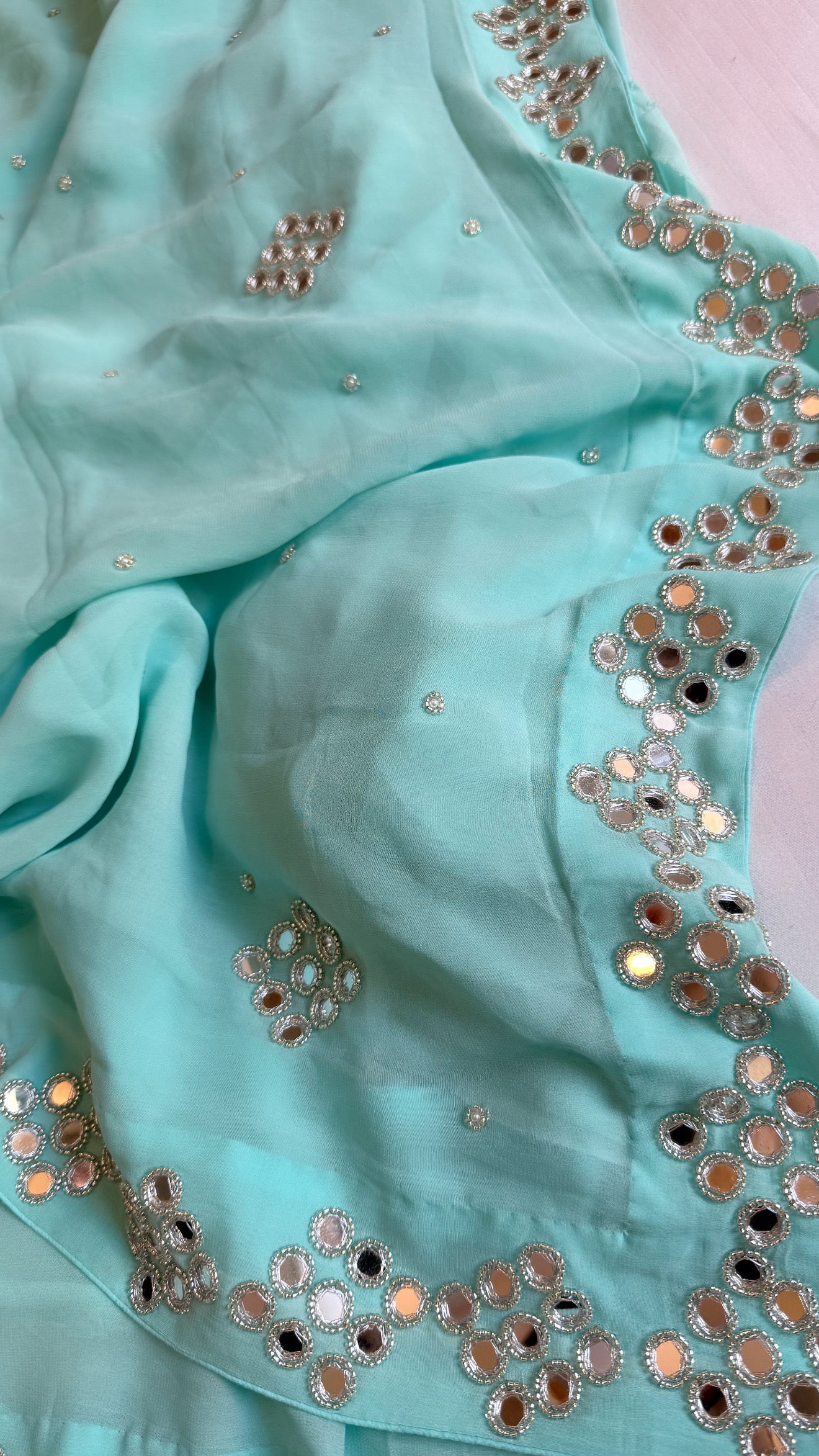 Mother’s Day offer - Blush blue chiffon gorgette mirrorwork hand embroidered sarees
