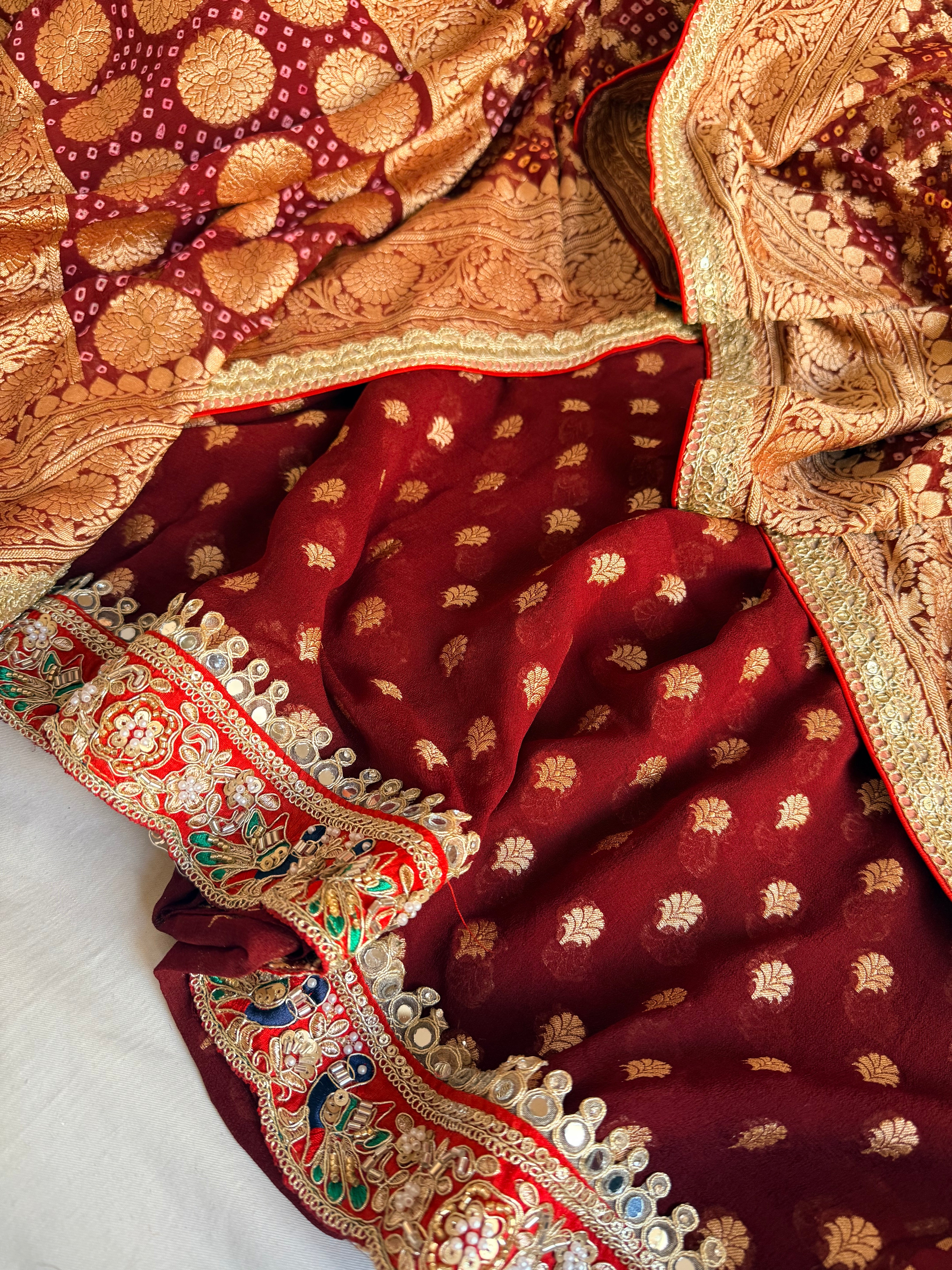 Rai bandhej maroonish red banarasi chiffon gorgette gotapatti suits