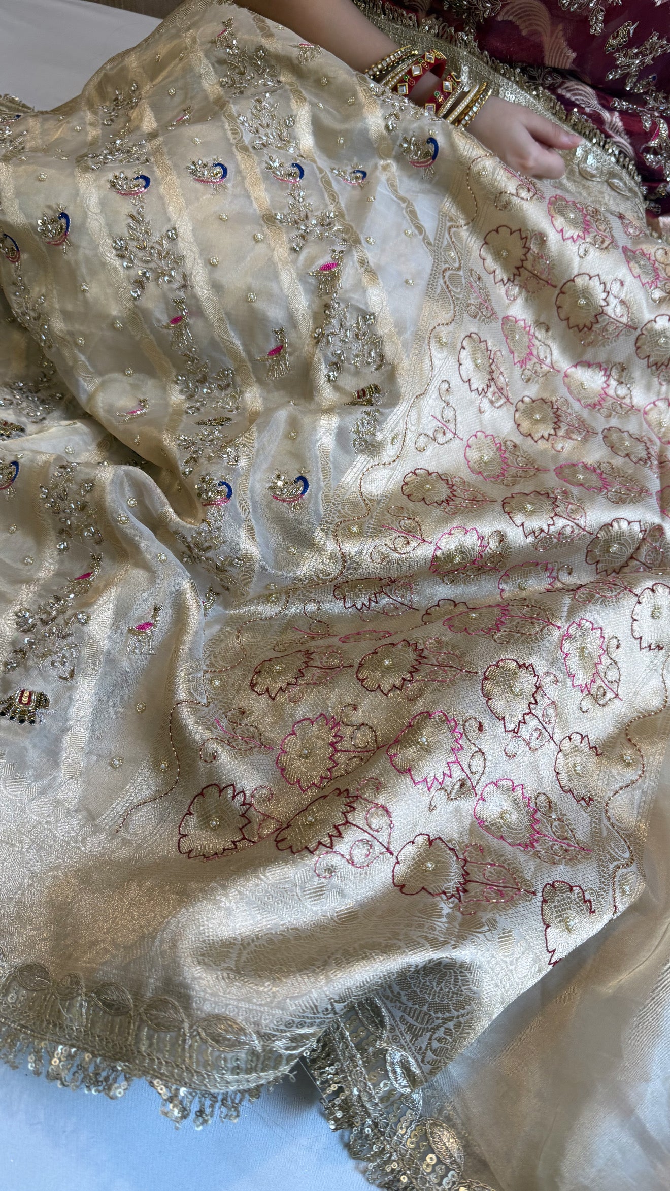 Nayi suhagan edit - Ivory gold tissue silk jungla shikargah marodi and zardozi hand embroidered jaal work saree