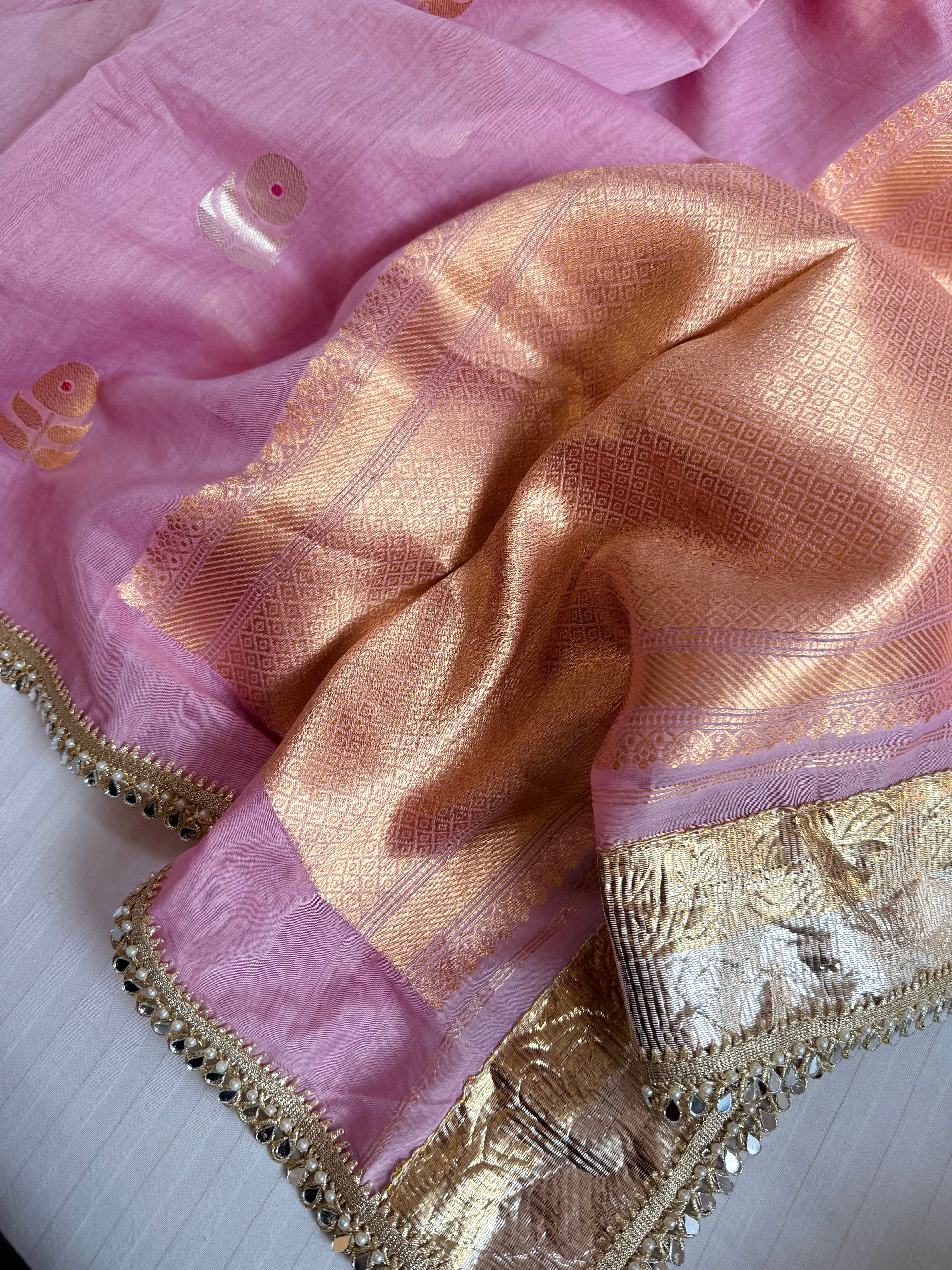 Handloom mulmul cotton silk sarees with lampi gota border