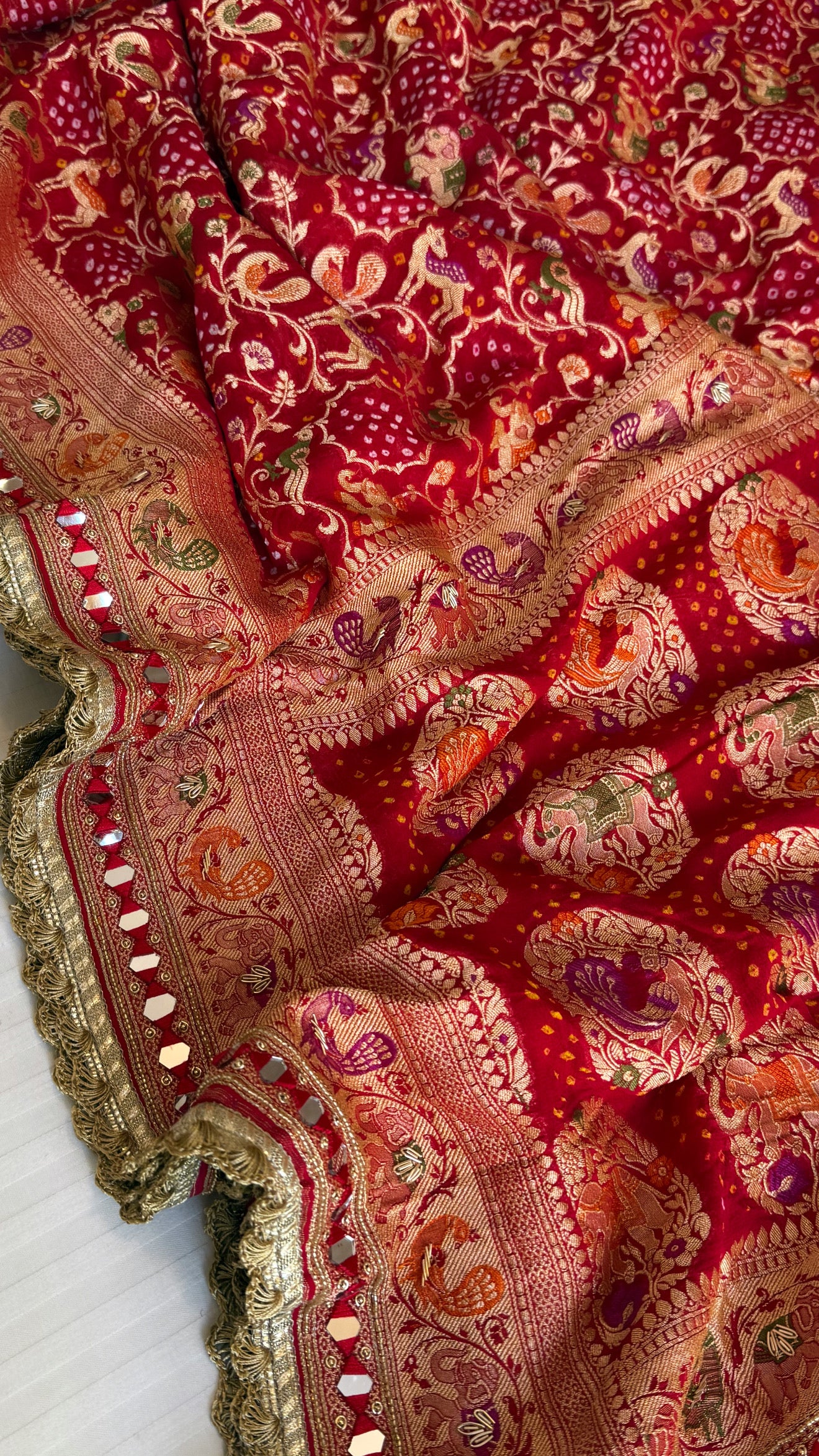 Mirror work shikargah motif hand embroidered banarasi bandhej saree