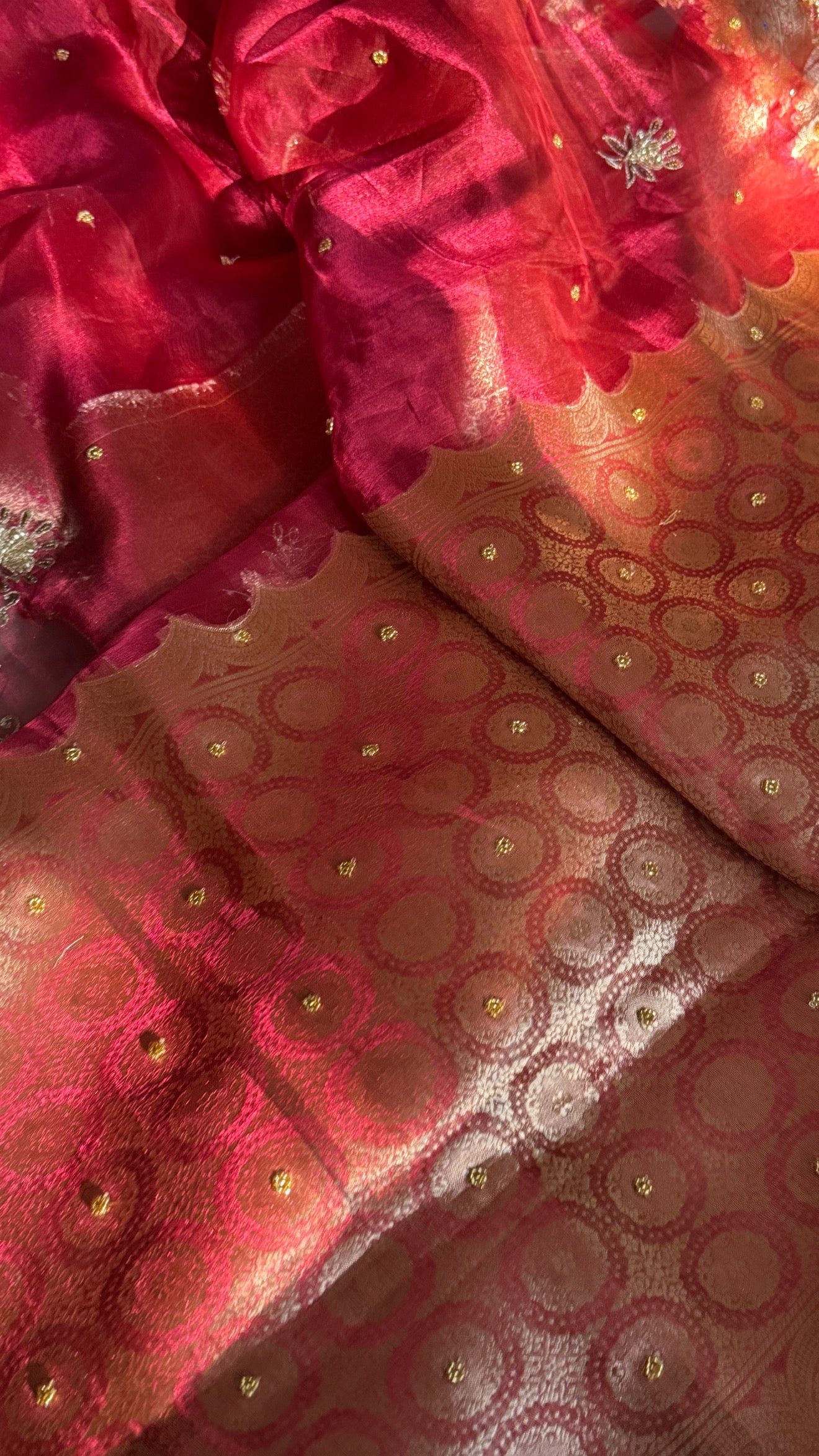 Teej special - Cranberry red tissue silk husn hand embroidered kadhwa saree