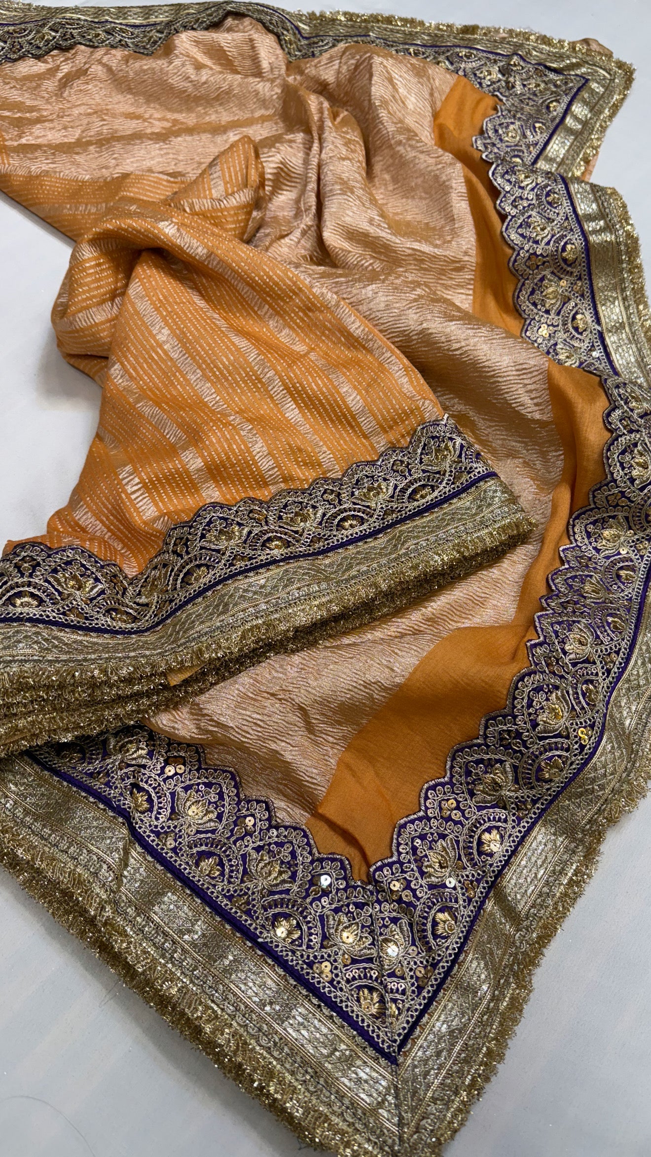 Moonga crushed tissue silk fanta orange tissue silk sares