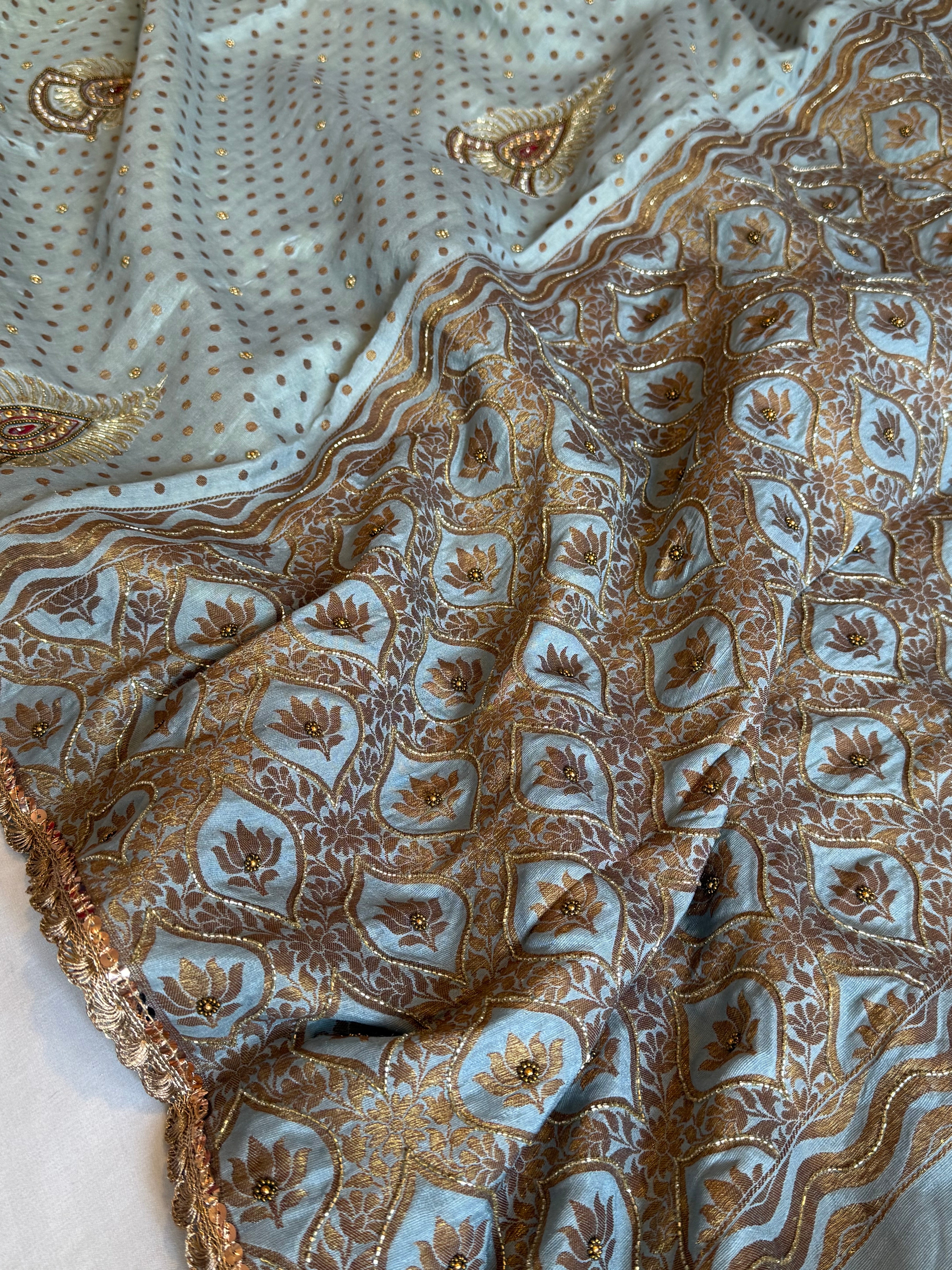 Water blue moonga silk antique zari hand embroidered kadhwa saree