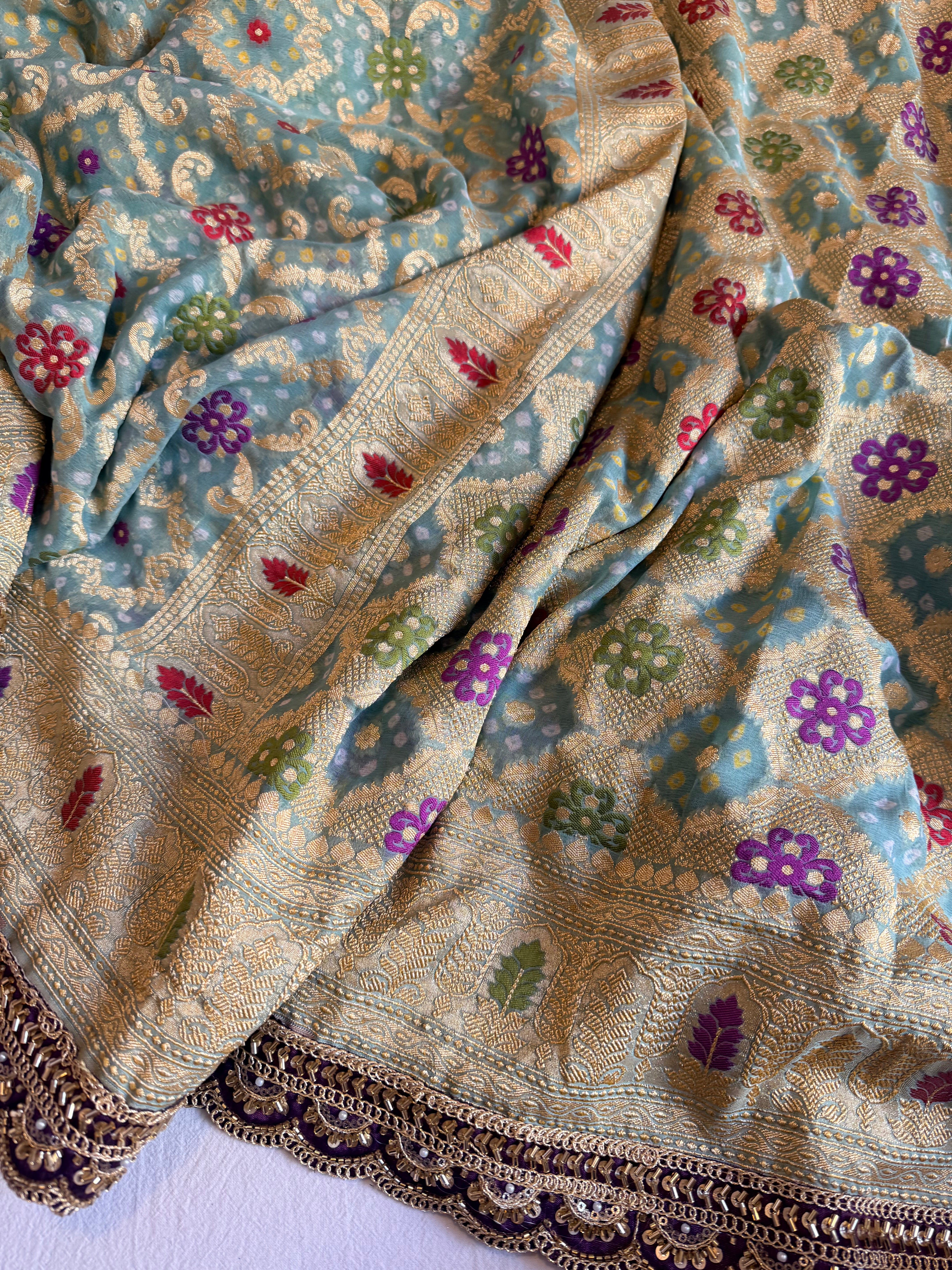 Banarasi blush shades of chiffon rai bandhej mirror work gotapatti saree
