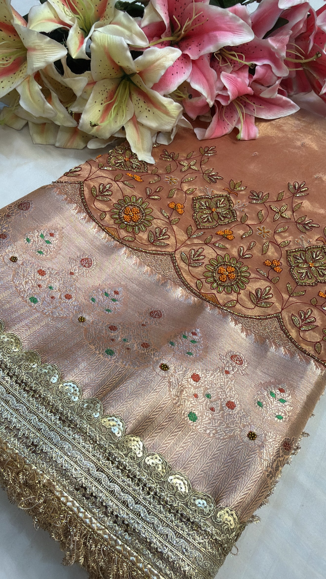 Blush peach tissue silk hand embroidered meenakari saree