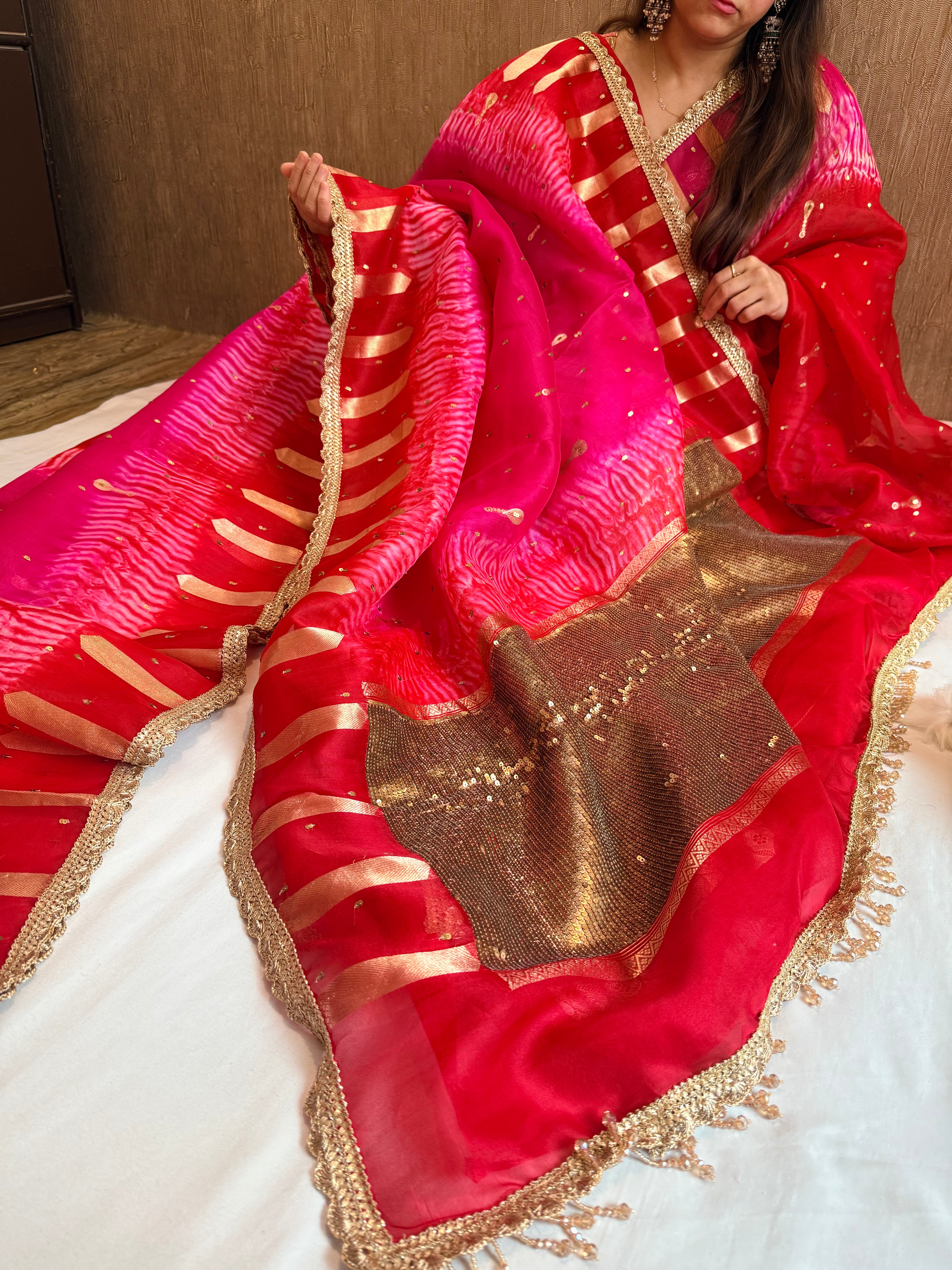 Shibori dye kora silk salma sitara work hand embroidered sequins saree