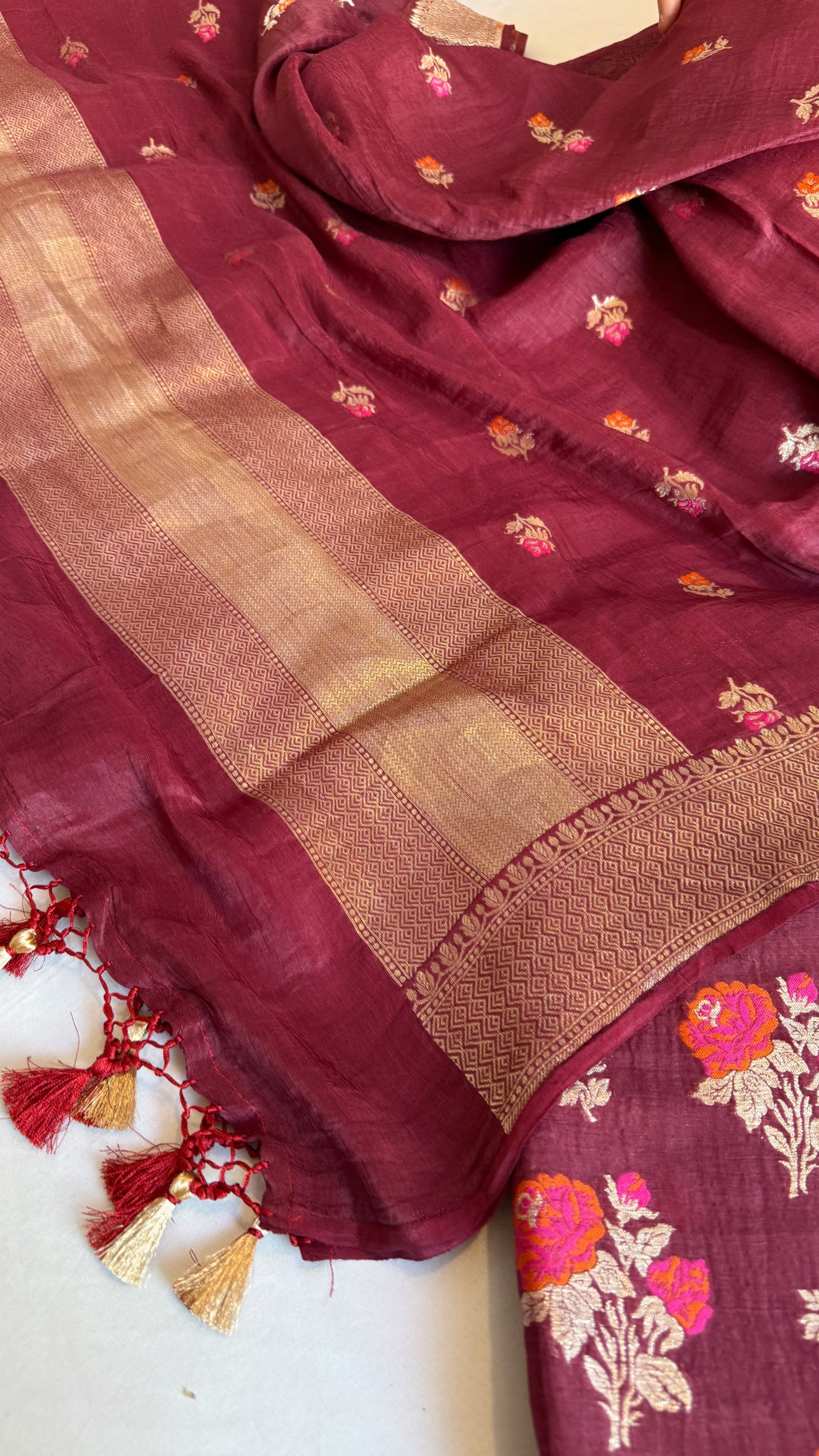 Linen gorgette burgundy kadhwa meenakari rose buta suit set