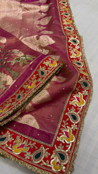 Husn shikargah edit rani pink tissue silk hand embroidered elephant motif saree