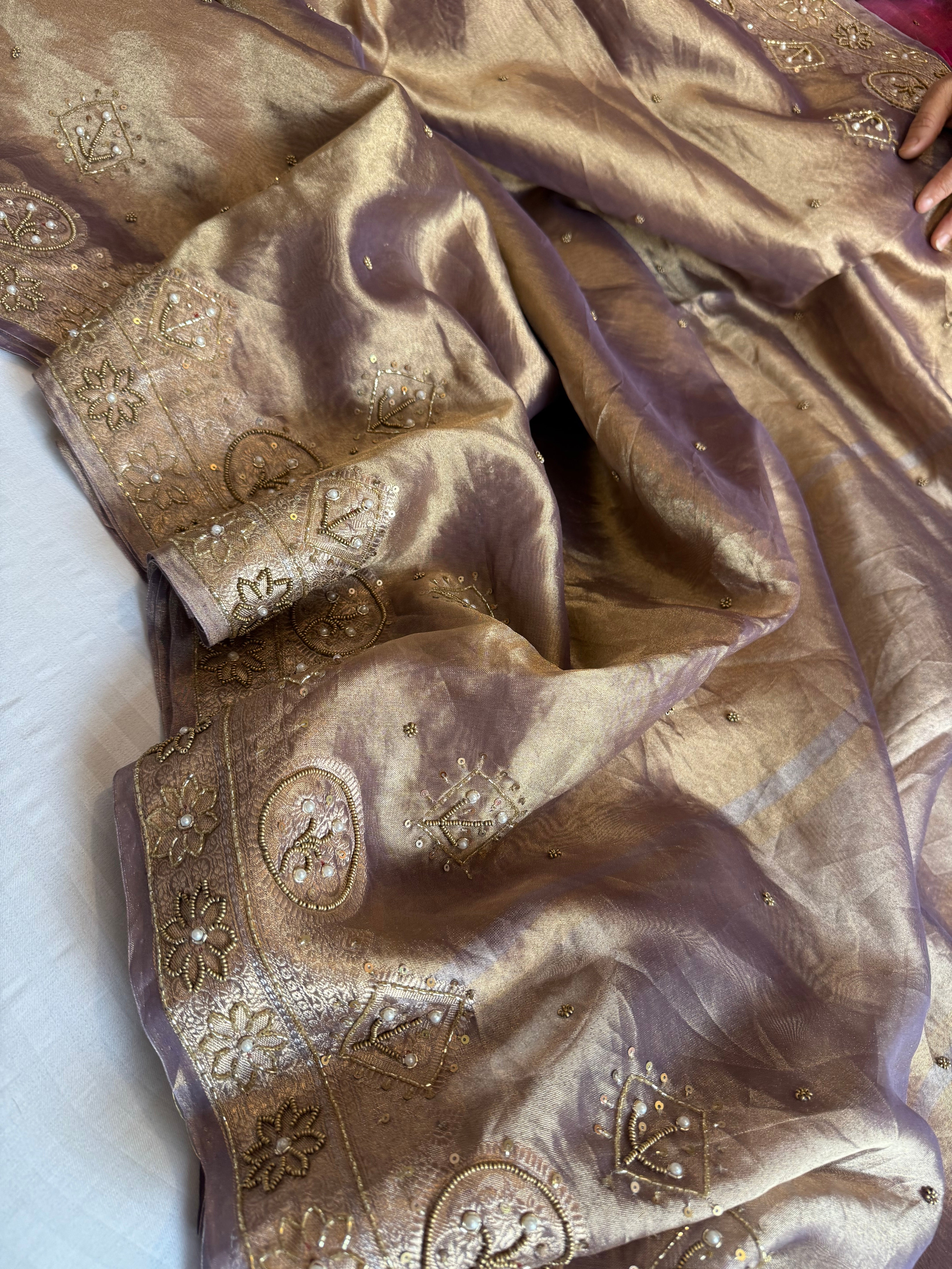 Husn dusty lilac tissue silk heavy hand embroidered saree