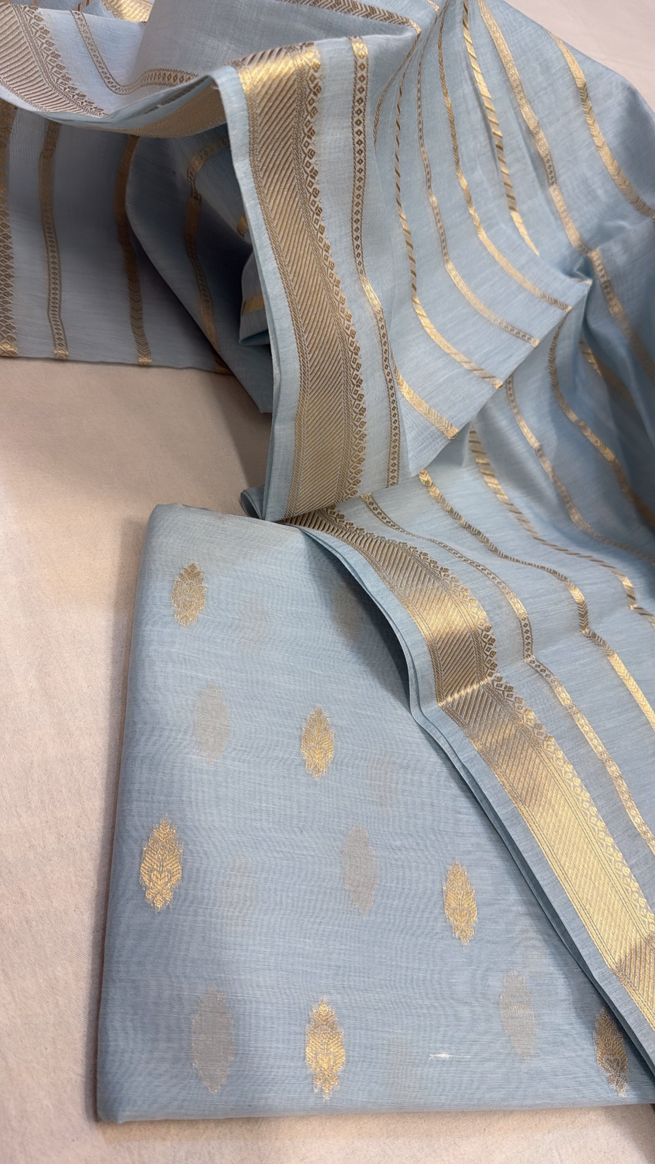 Blush blue mul banarasi cotton kadhwa suit set