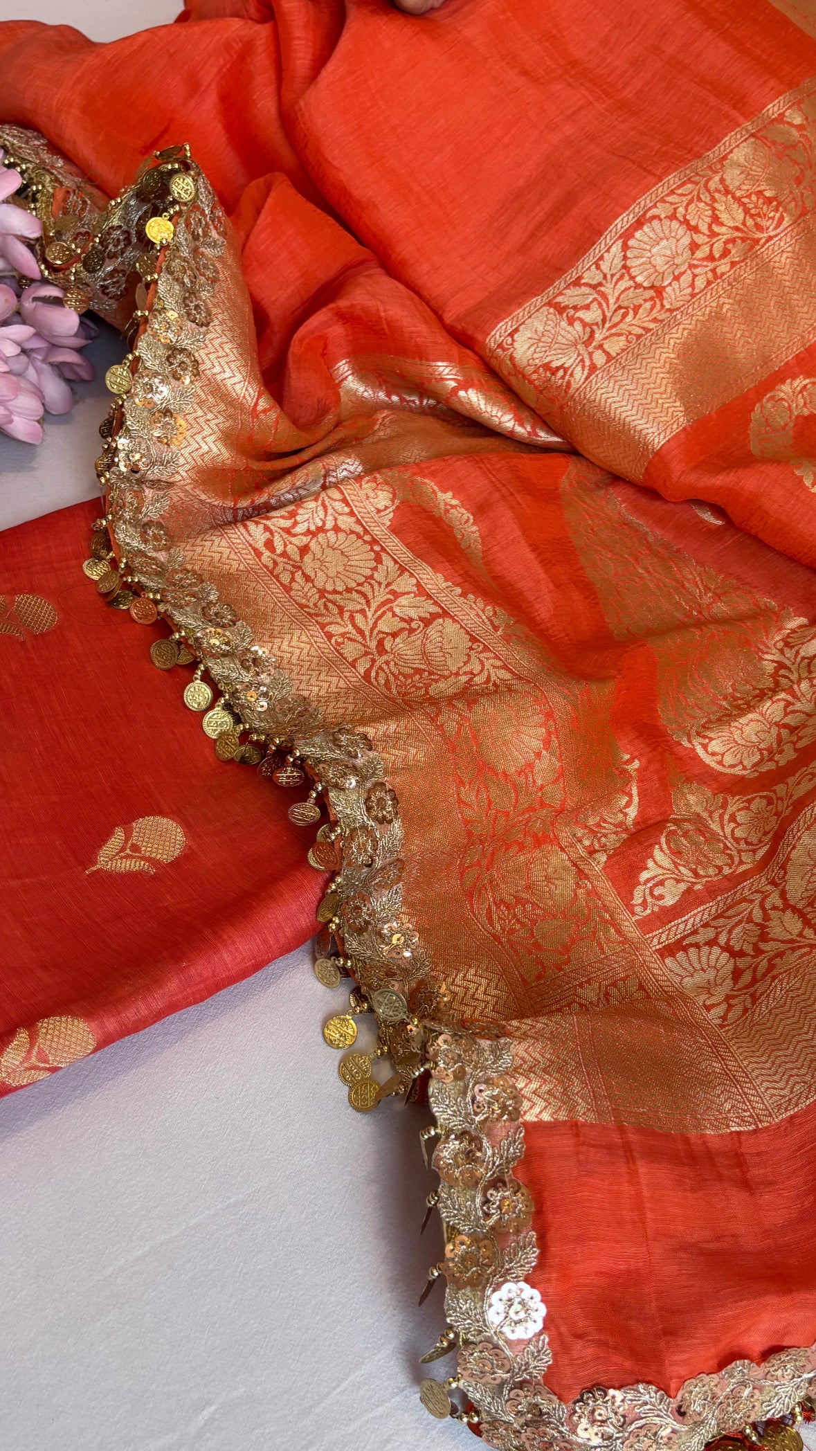 Fanta orange linen gorgette suit sets