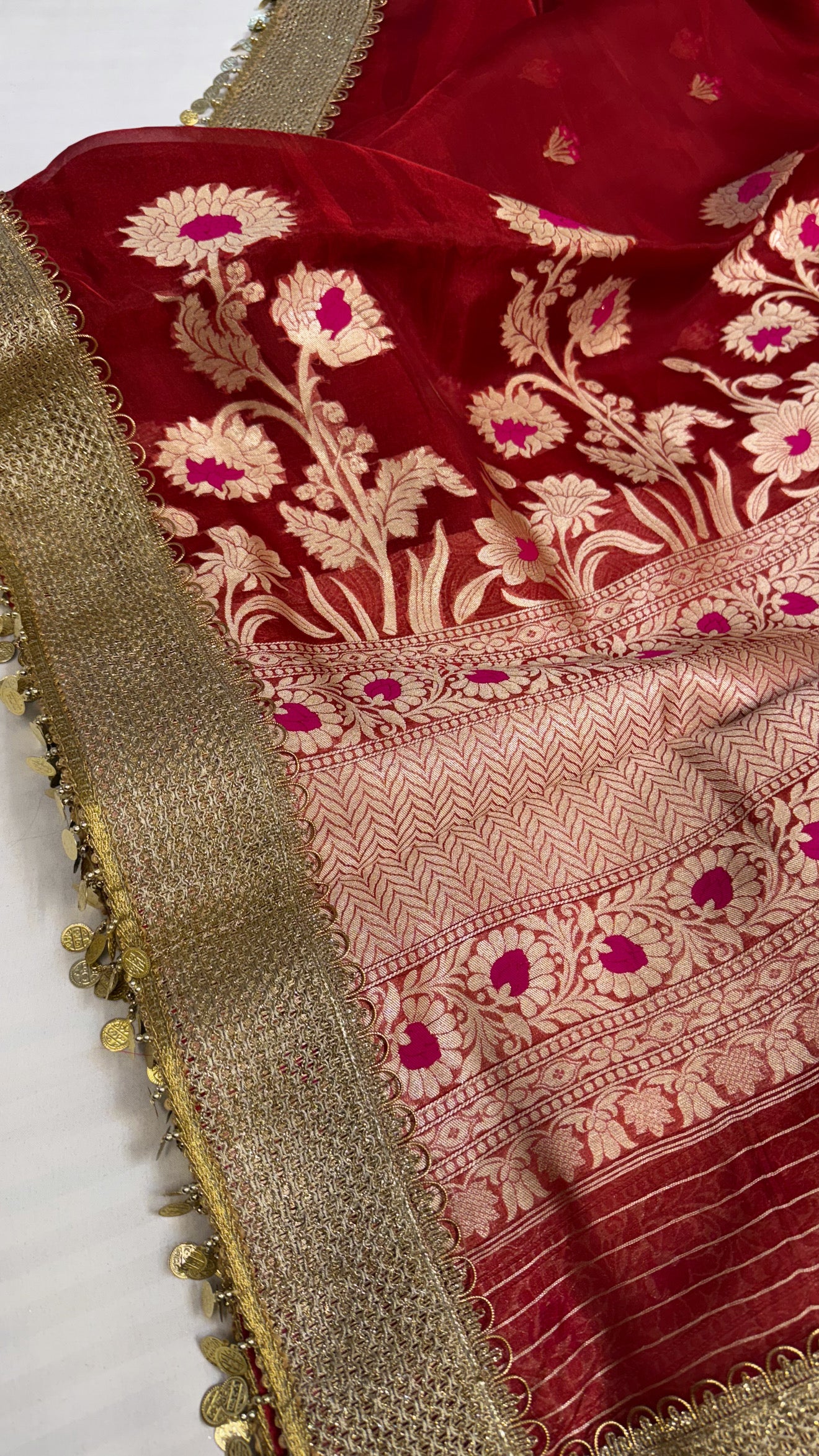 Maharani deep red tissue silk kadhwa meenakari saree