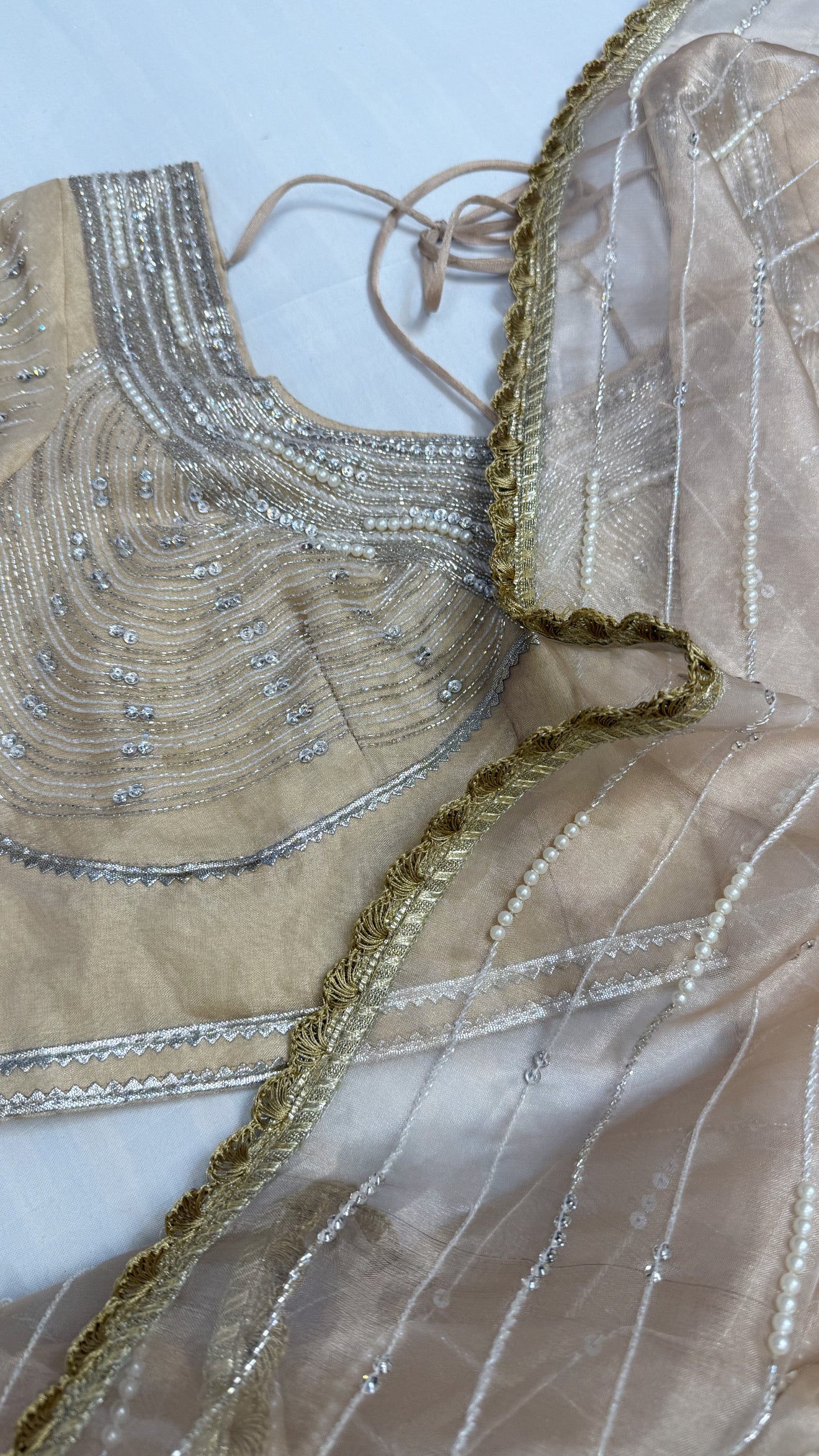 Suhana khan inspired golden pearl work heavy hand embroidered tissue silk saree