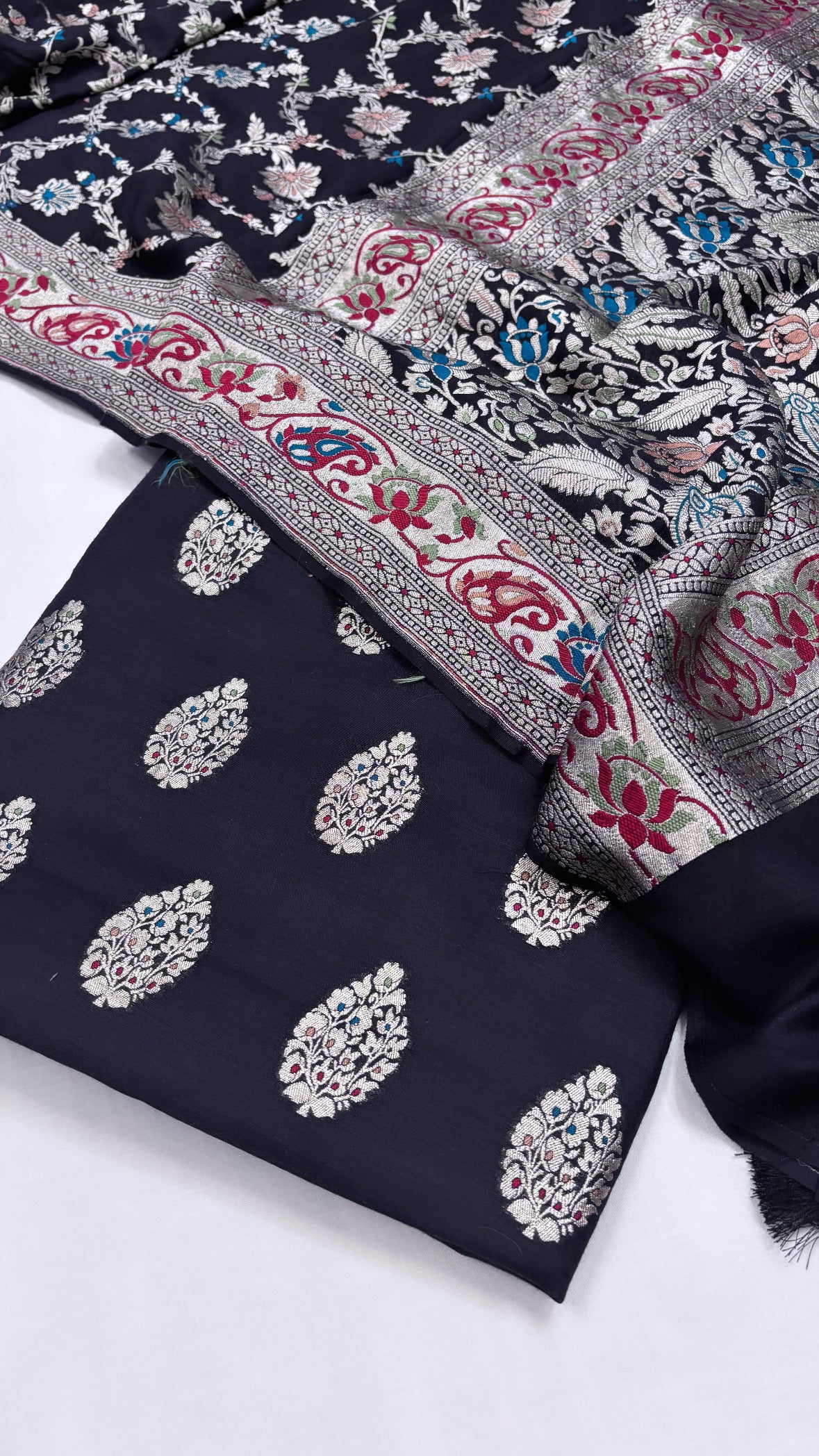 Pure banarasi black moonga silk kadhwa meenedar jaal woven duppata three piece suit set