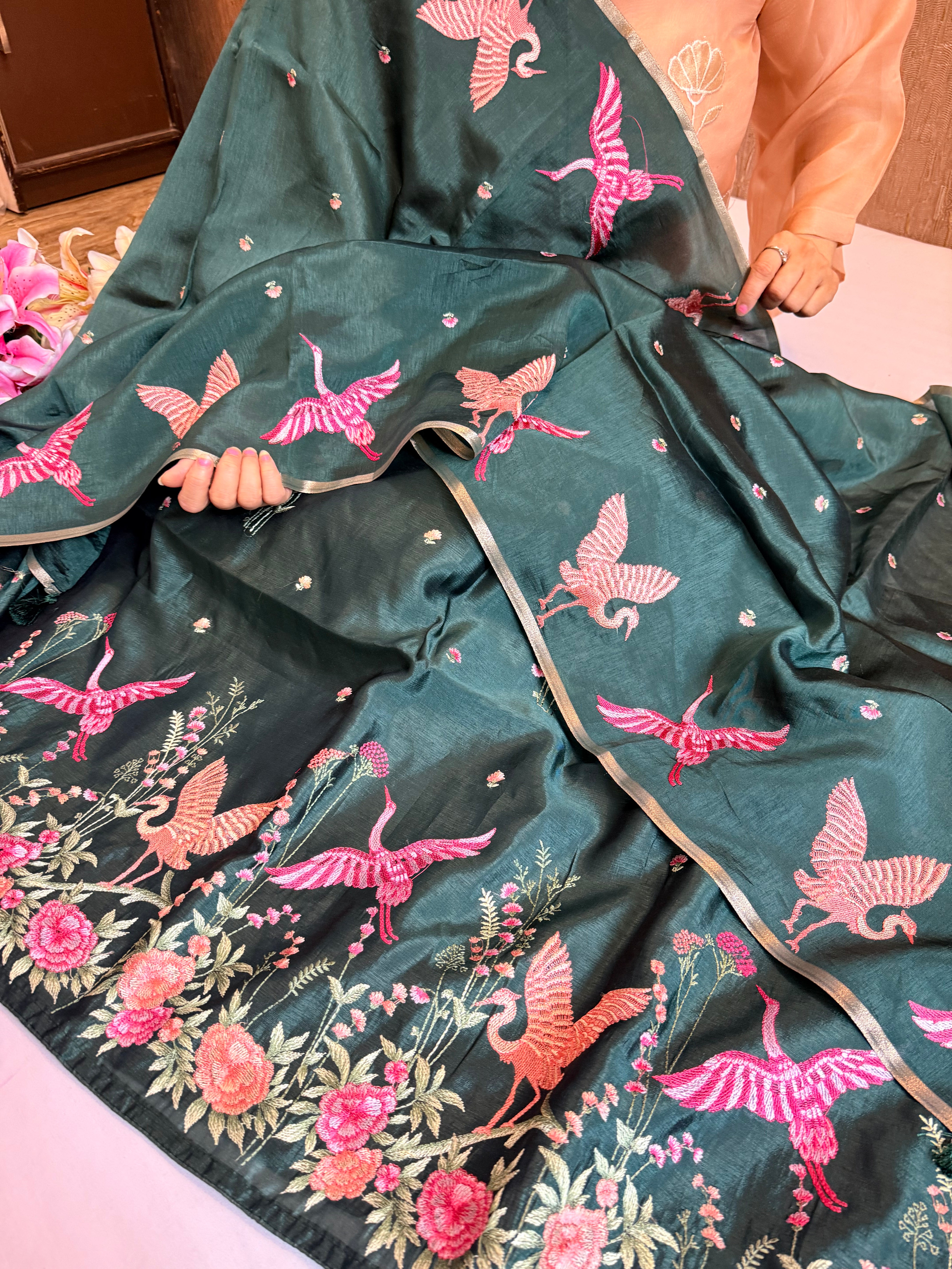 BELOW 8K - Parsi gara bottle green resham work banarasi chiniya silk kadhwa suit sets