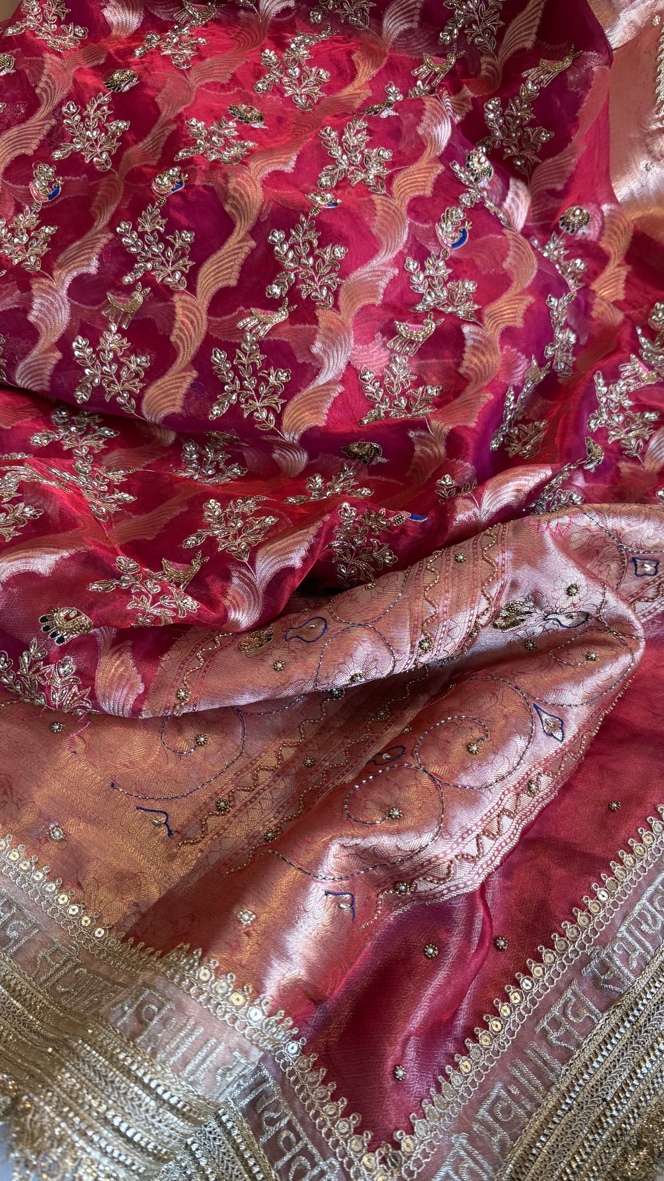 Nayi suhagan edit - Cranberry blood red tissue silk zardozi and marodi work hand embroidered jaal work saree