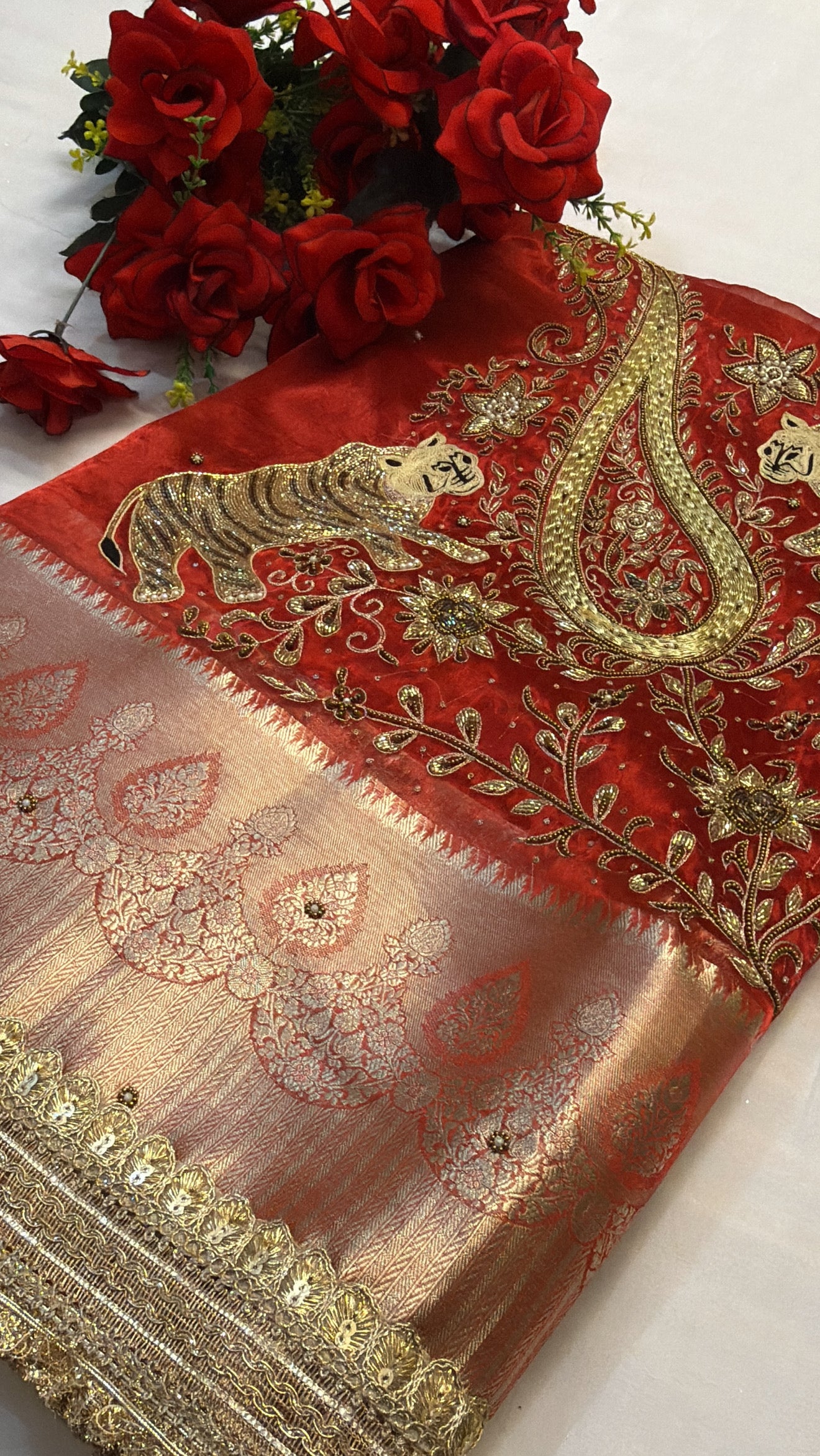 Dulhan ka joda husn red tissue silk hand embroidered saree