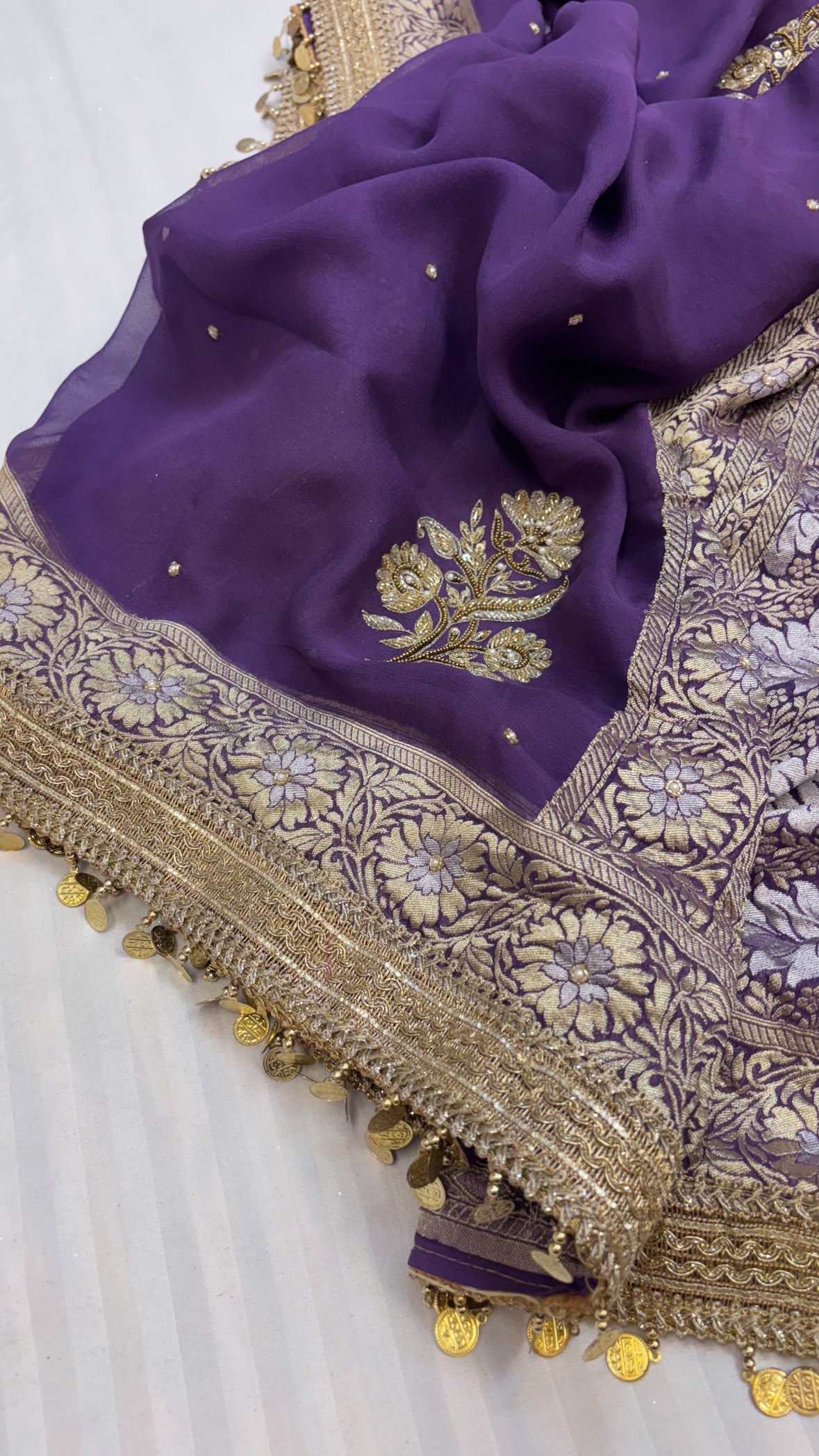Midnight deep lavender heer gorgette hand embroidered saree