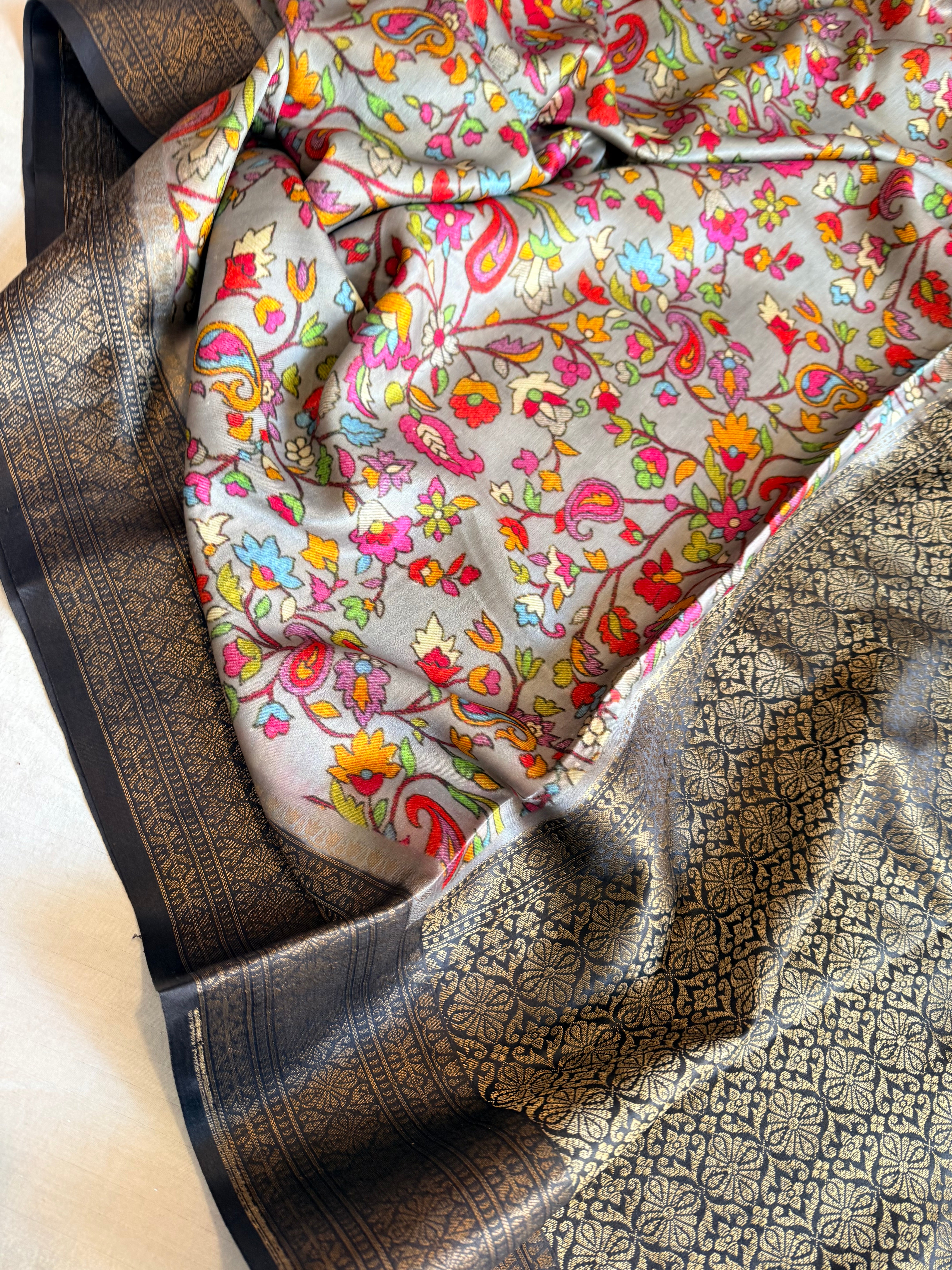 Banarasi mashru satin silk kani weaving printed saree