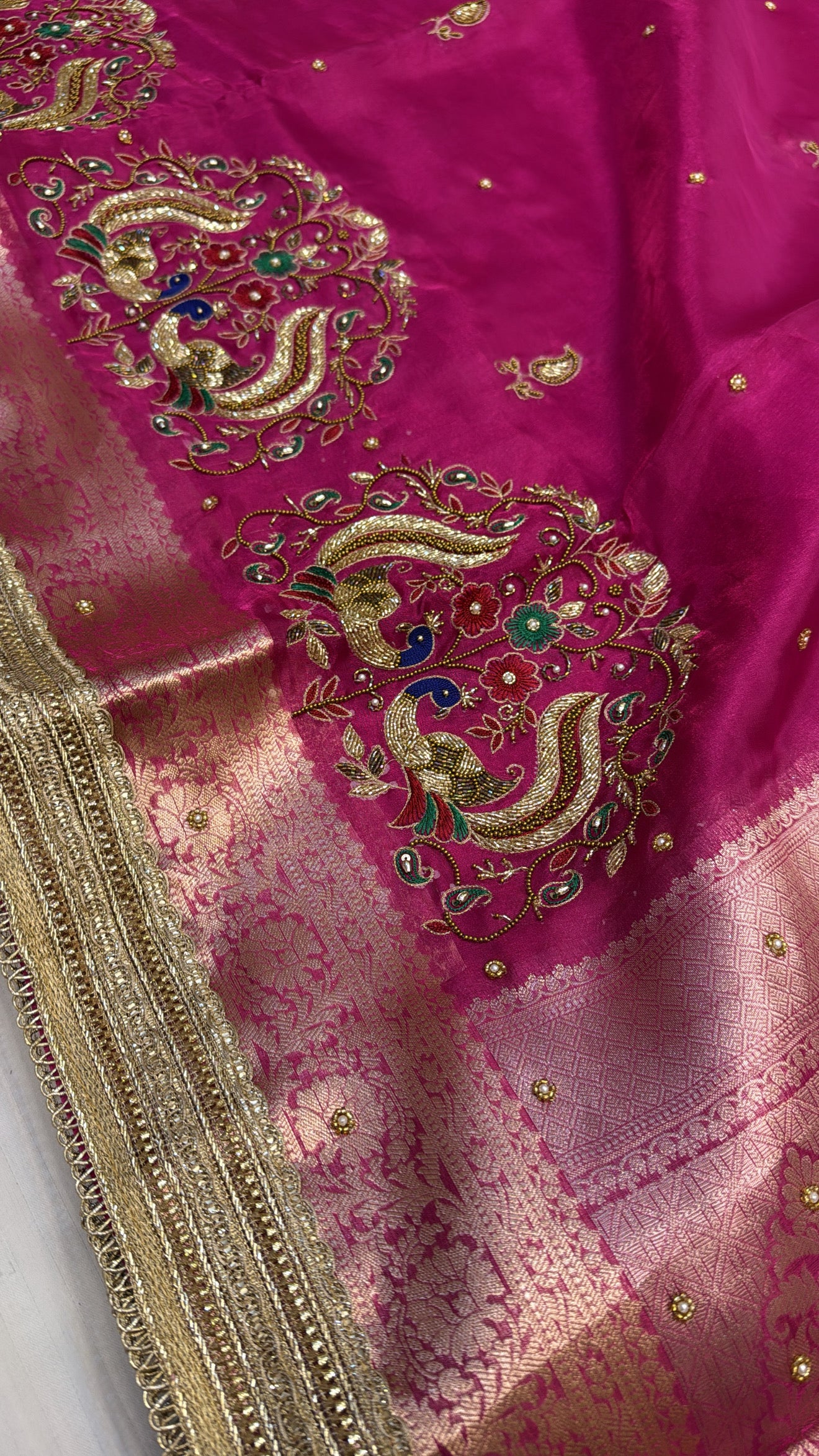 Pink special - Husn hot pink tissue silk peacock motif hand embroidered saree