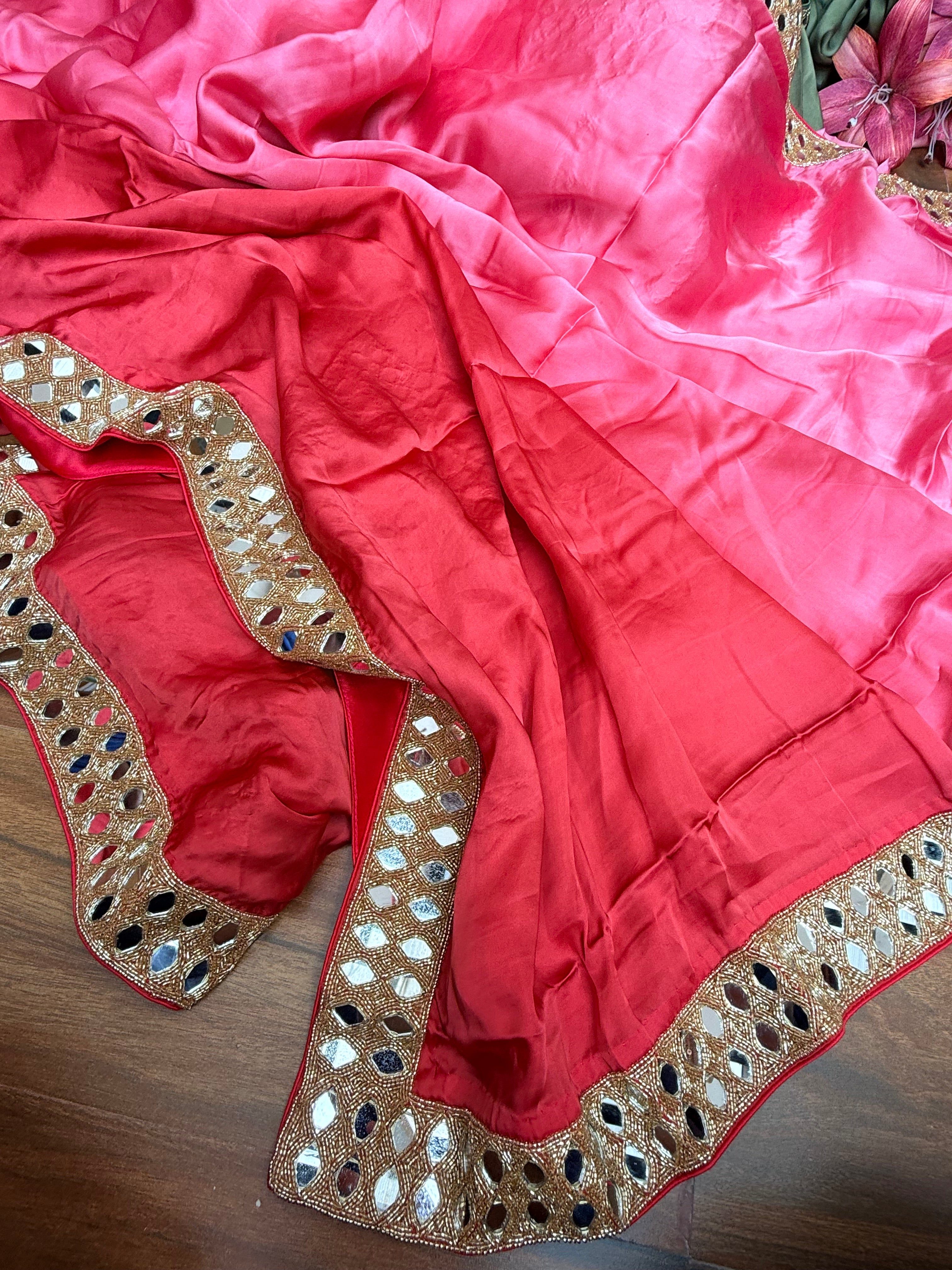Tyohaar edit - Gajri shaded red mashru satin silk mirrorwork kadhwa saree