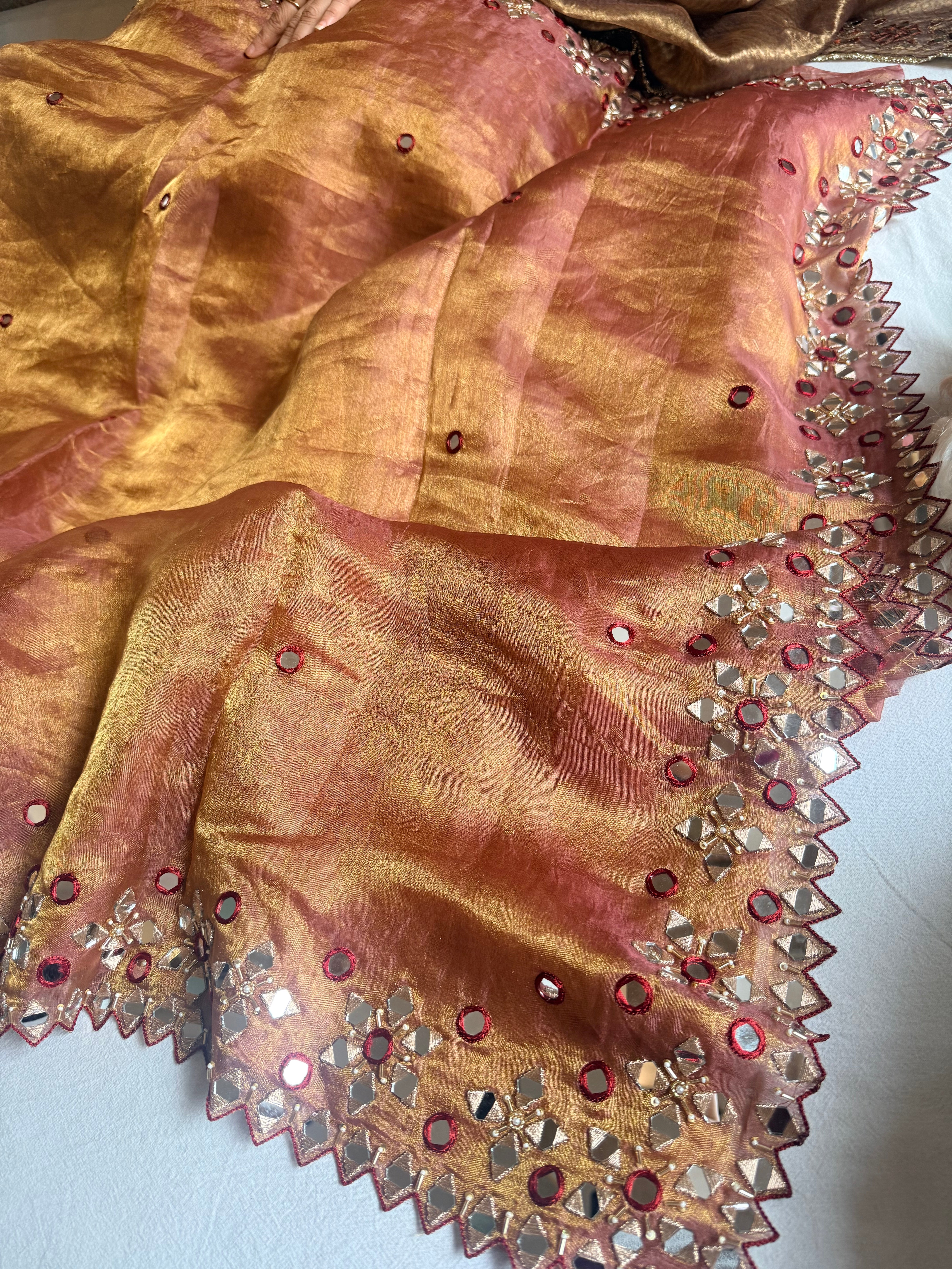 Kanjivaram pink tissue silk mirrorwork hand embroidered saree