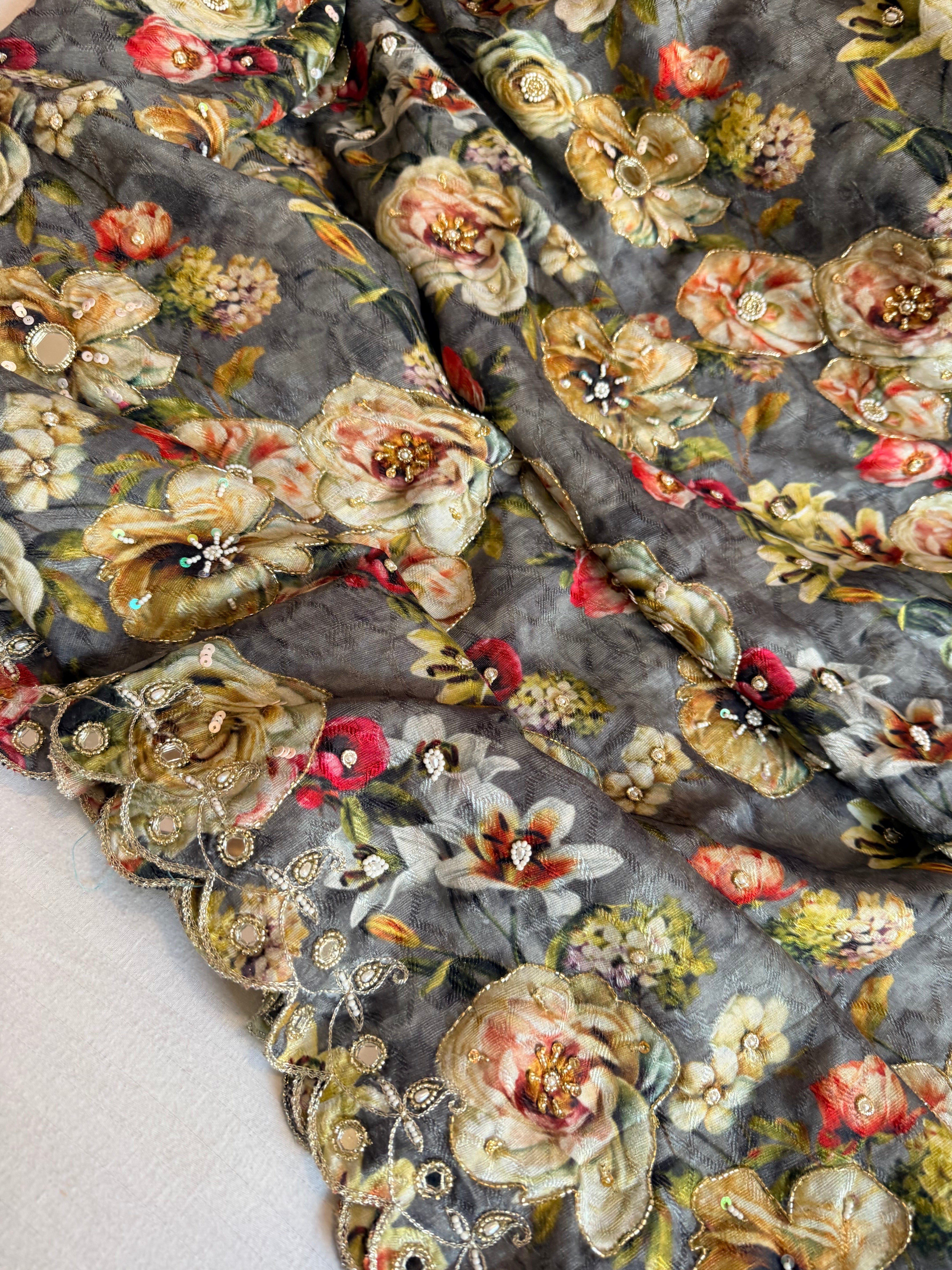 Printed moonga silk hand embroidered kadhwa gotapatti saree