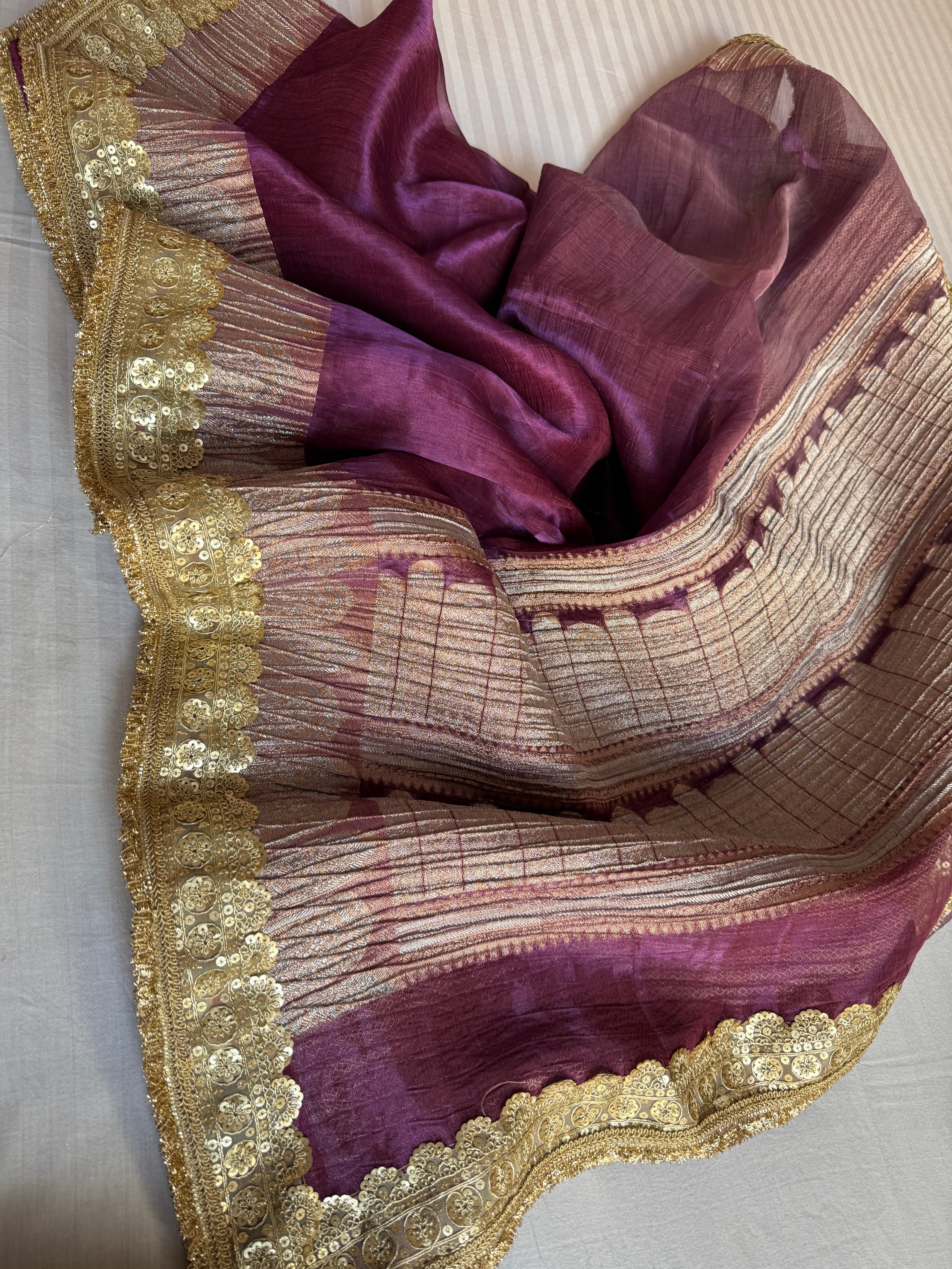 Midnight purple dhup chao effect pleated maharani tissue silk saree