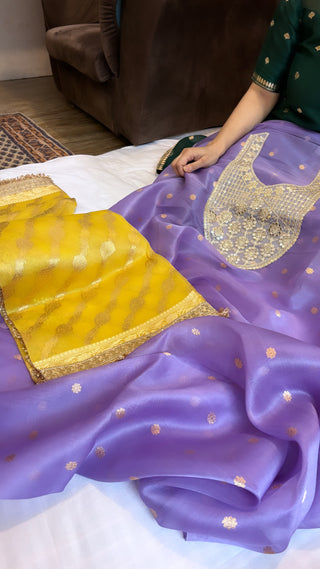 Bright lavender-yellow shade heeramandi suit set