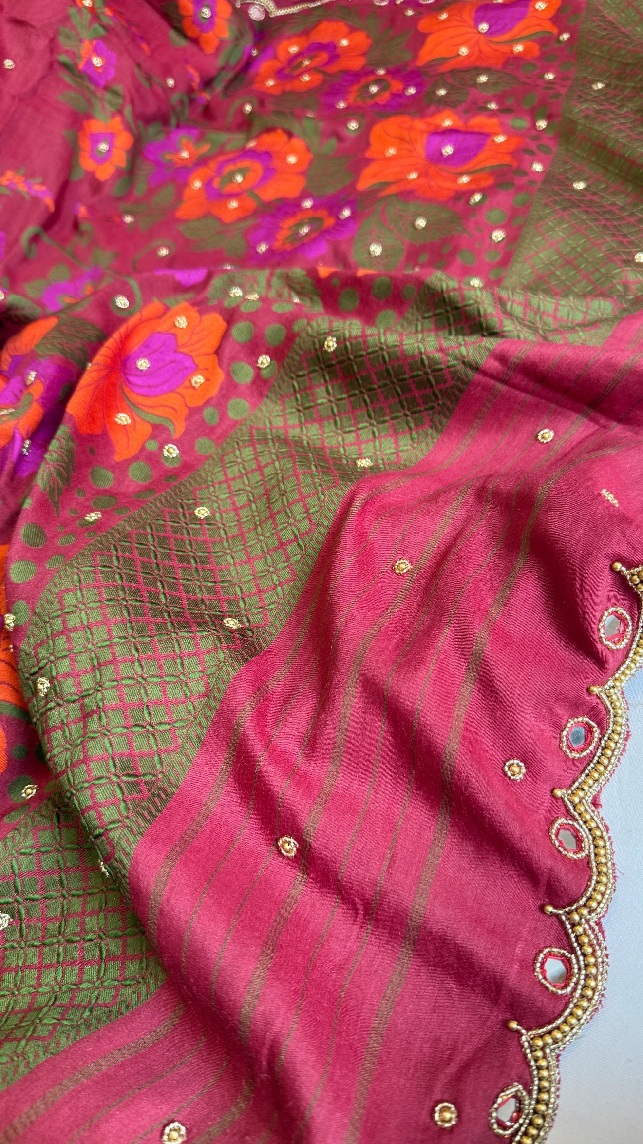 Moonga silk brick gajri pink resham work hand embroidered kadhwa saree