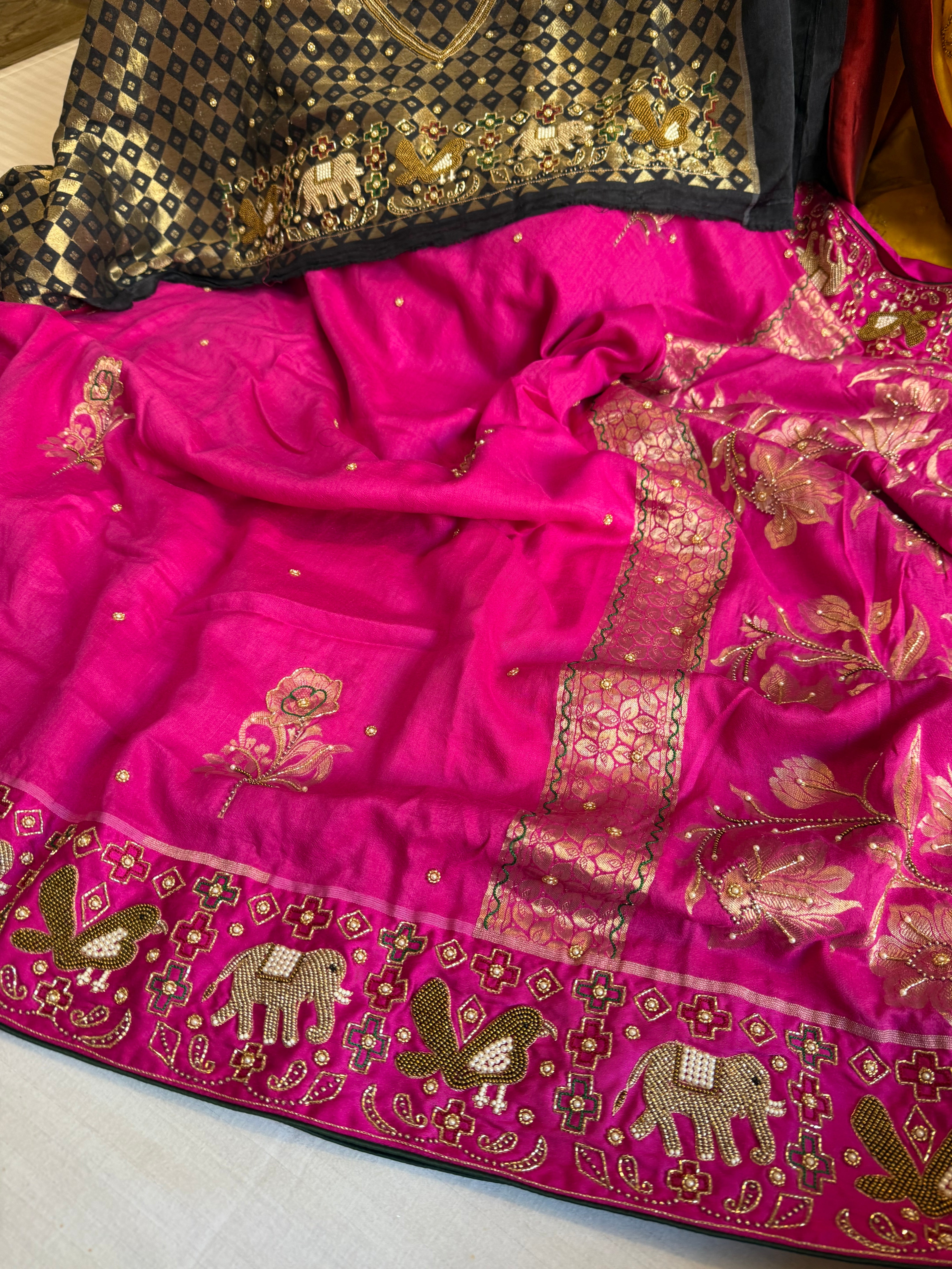 Moonga silk fusion saree with double ikkat patola inspired hand embroidered saree