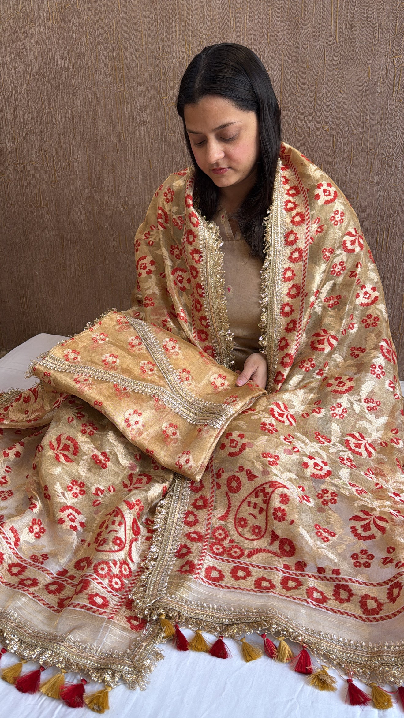 Vivah edit - Golden tissue silk jamdani meenakari weaving hand embroidered kadhwa suit set