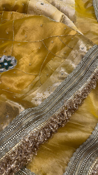 Cocktail wali saree - Metallic gold tissue silk heavy hand embroidered saree