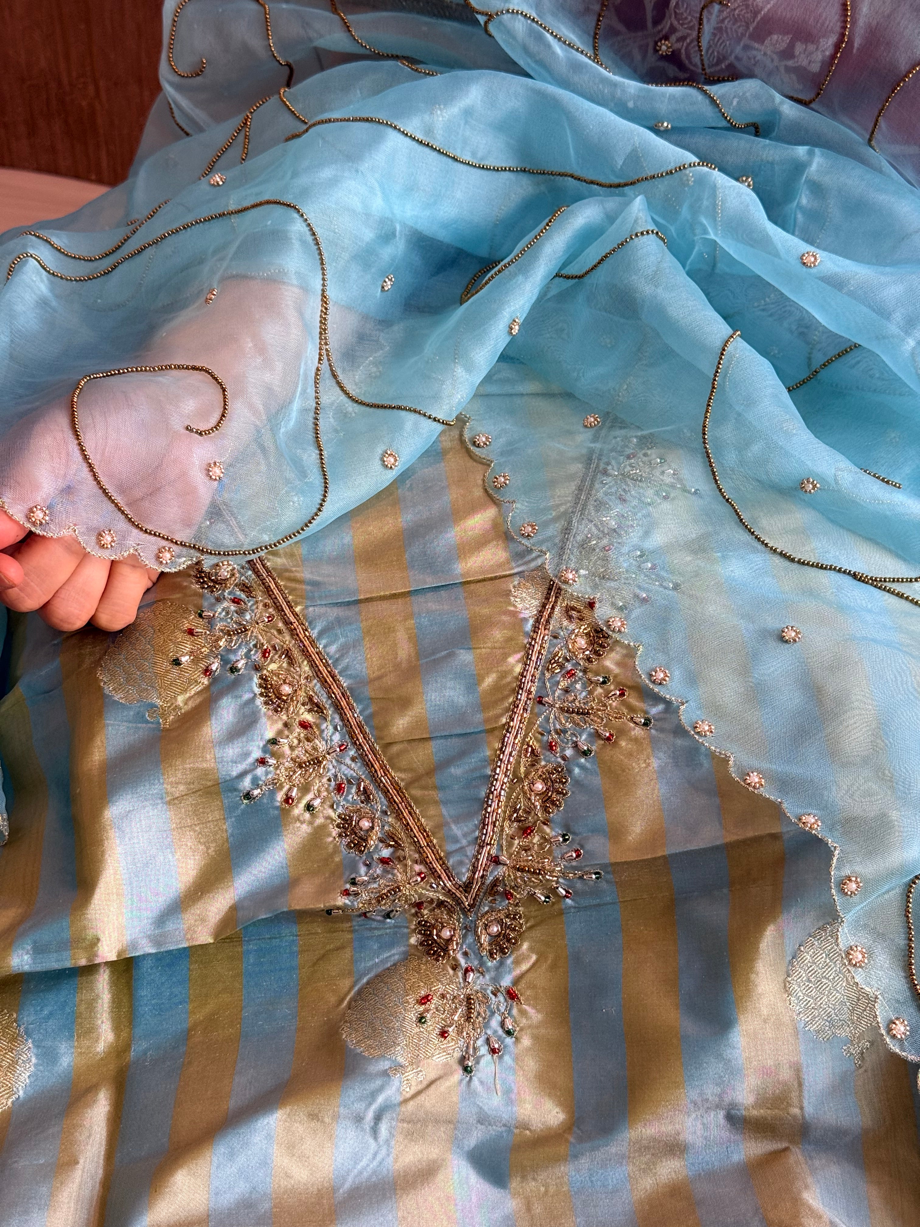 Katan silk kadhwa striped hand embroidered dhup chao effect suit set